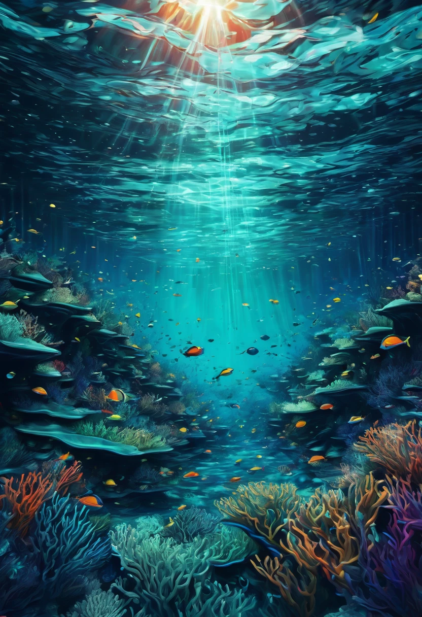 Create a series of illustrations combining vibrant underwater scenes with abstract elements of digital code and neural networks.