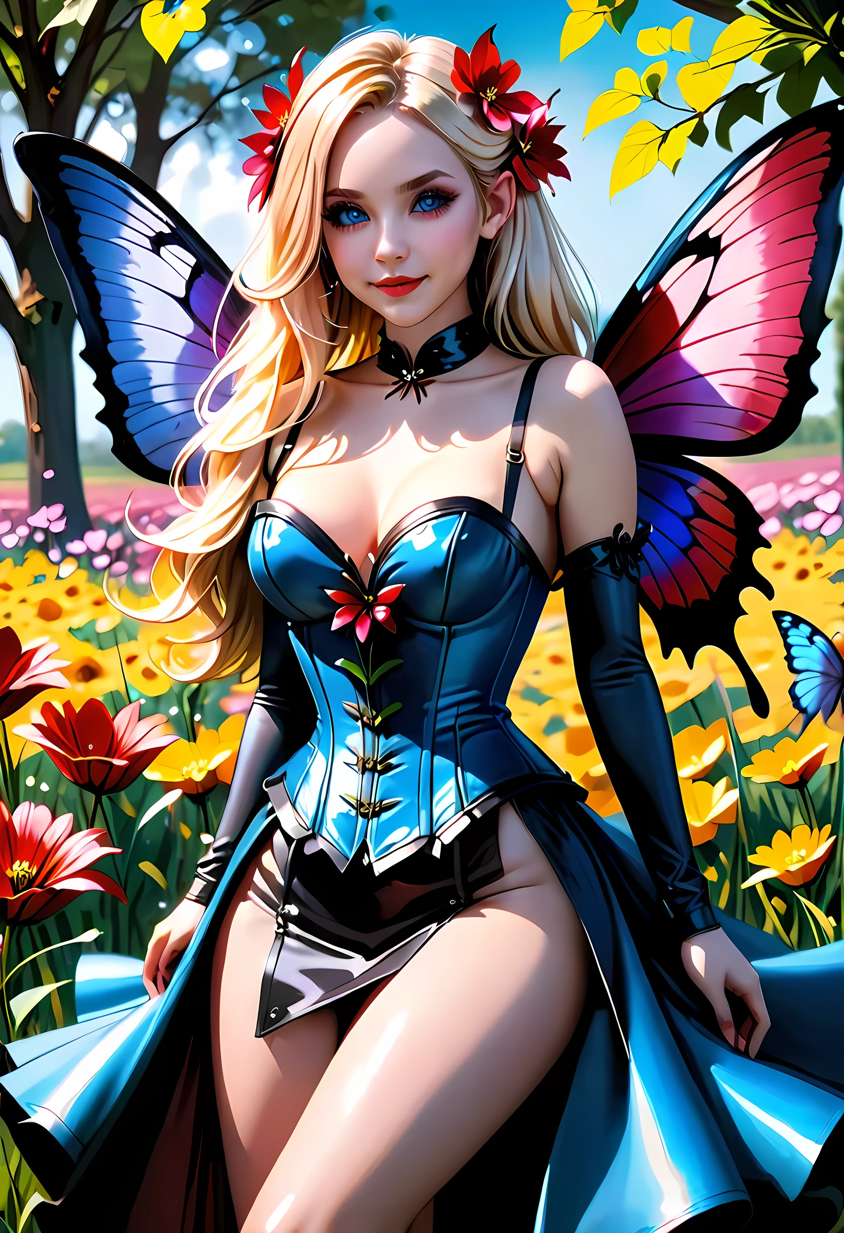 high details, best quality, 16k, RAW, [best detailed], masterpiece, best quality, (extremely detailed), full body, ultra wide shot, photorealistic, dark fantasy art, goth art, RPG art, D&D art, a picture of a dark female fairy resting in a flower meadow, extremely beautiful fairy, ultra feminine (intense details, Masterpiece, best quality), best detailed face (intense details, Masterpiece, best quality), having wide butterfly wings, spread butterfly wings (intense details, Masterpiece, best quality: 1.3), (blue: 1.5)  colors wings (intense details, Masterpiece, best quality), (blond) hair, long hair, shinning hair, flowing hair, shy smile, innocent smile, (red: 1.3) eyes, dark blue lips, wearing [azure] dress latex corset (intense details, Masterpiece, best quality), dynamic elegant shirt, chocker, wearing (blue: 1.3) high heels, in various shades of red colored flower meadow (intense details, Masterpiece, best quality), (red flowers: 1.2) , (black flowers: 1.2), (white flowers: 1.2), (blue flowers: 1.3) [extreme many flowers] (intense details, Masterpiece, best quality), dark colorful flowers (intense details, Masterpiece, best quality), flower meadow in a dark goth field background, dim light, cinematic light, High Detail, Ultra High Quality, High Resolution, 16K Resolution, Ultra HD Pictures, 3D rendering Ultra Realistic, Clear Details, Realistic Detail, Ultra High Definition, #chinese cloth, dungeons and dragons, DonMDr4g0nXL