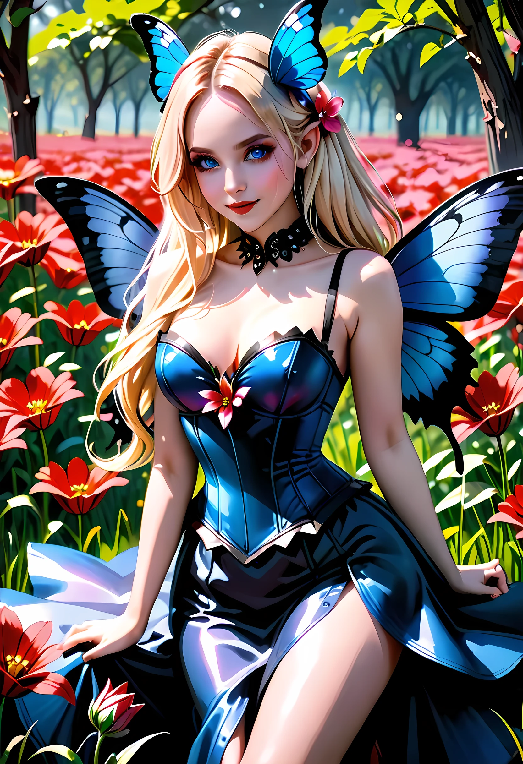 high details, best quality, 16k, RAW, [best detailed], masterpiece, best quality, (extremely detailed), full body, ultra wide shot, photorealistic, dark fantasy art, goth art, RPG art, D&D art, a picture of a dark female fairy resting in a flower meadow, extremely beautiful fairy, ultra feminine (intense details, Masterpiece, best quality), best detailed face (intense details, Masterpiece, best quality), having wide butterfly wings, spread butterfly wings (intense details, Masterpiece, best quality: 1.3), (blue: 1.5)  colors wings (intense details, Masterpiece, best quality), (blond) hair, long hair, shinning hair, flowing hair, shy smile, innocent smile, (red: 1.3) eyes, dark blue lips, wearing [azure] dress latex corset (intense details, Masterpiece, best quality), dynamic elegant shirt, chocker, wearing (blue: 1.3) high heels, in various shades of red colored flower meadow (intense details, Masterpiece, best quality), (red flowers: 1.2) , (black flowers: 1.2), (white flowers: 1.2), (blue flowers: 1.3) [extreme many flowers] (intense details, Masterpiece, best quality), dark colorful flowers (intense details, Masterpiece, best quality), flower meadow in a dark goth field background, dim light, cinematic light, High Detail, Ultra High Quality, High Resolution, 16K Resolution, Ultra HD Pictures, 3D rendering Ultra Realistic, Clear Details, Realistic Detail, Ultra High Definition, #chinese cloth, dungeons and dragons, DonMDr4g0nXL