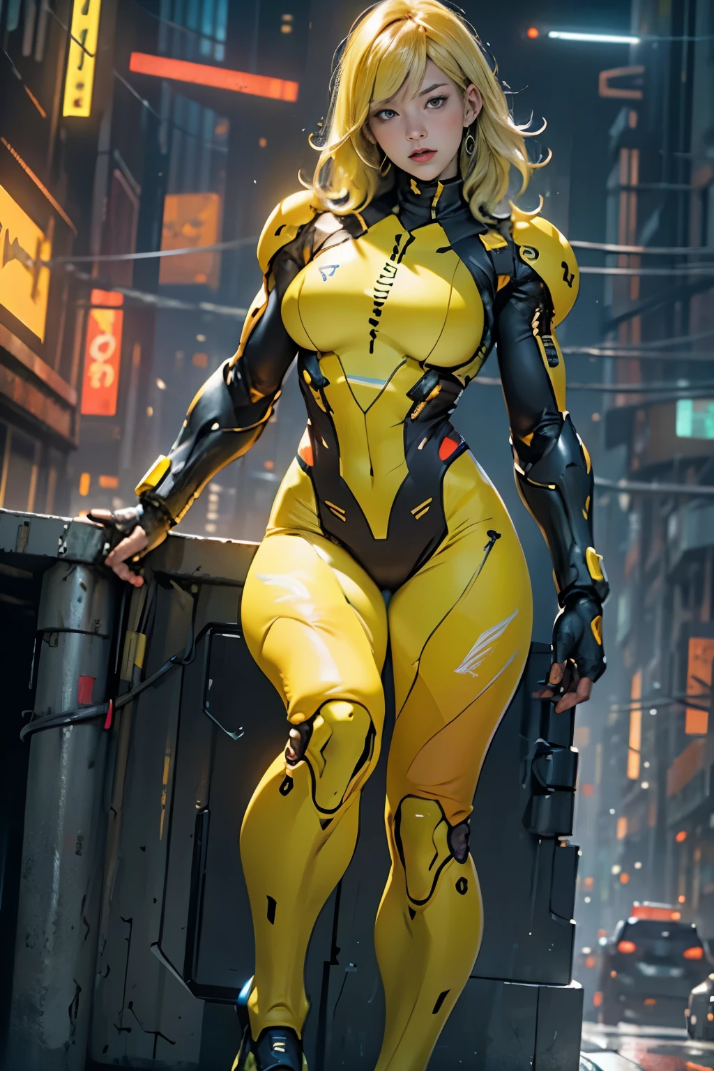 samus aran, simple background,colorfull yellow and blue ,blonde hair,cyberpunk ,thick thigs,thick,ample bosom,front pose,looking in camera,cybernatic torso,full body suit,front pose,