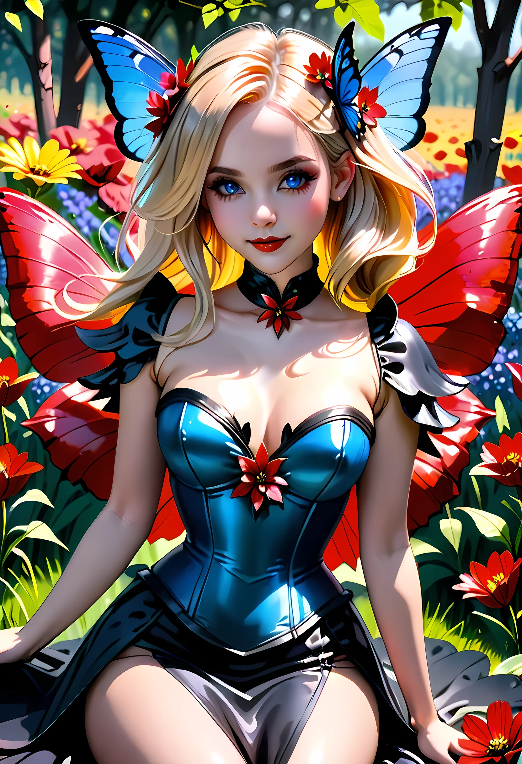 high details, best quality, 16k, RAW, [best detailed], masterpiece, best quality, (extremely detailed), full body, ultra wide shot, photorealistic, dark fantasy art, goth art, RPG art, D&D art, a picture of a dark female fairy resting in a flower meadow, extremely beautiful fairy, ultra feminine (intense details, Masterpiece, best quality), best detailed face (intense details, Masterpiece, best quality), having wide butterfly wings, spread butterfly wings (intense details, Masterpiece, best quality: 1.3), (blue: 1.5)  colors wings (intense details, Masterpiece, best quality), (blond) hair, long hair, shinning hair, flowing hair, shy smile, innocent smile, (red: 1.3) eyes, dark blue lips, wearing [azure] dress latex corset (intense details, Masterpiece, best quality), dynamic elegant shirt, chocker, wearing (blue: 1.3) high heels, in various shades of red colored flower meadow (intense details, Masterpiece, best quality), (red flowers: 1.2) , (black flowers: 1.2), (white flowers: 1.2), (blue flowers: 1.3) [extreme many flowers] (intense details, Masterpiece, best quality), dark colorful flowers (intense details, Masterpiece, best quality), flower meadow in a dark goth field background, dim light, cinematic light, High Detail, Ultra High Quality, High Resolution, 16K Resolution, Ultra HD Pictures, 3D rendering Ultra Realistic, Clear Details, Realistic Detail, Ultra High Definition, #chinese cloth, dungeons and dragons, DonMDr4g0nXL