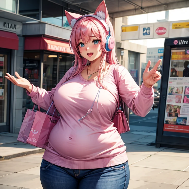 Full body girl, pregnant, huge belly, huge breasts, yellow eyes, glasses, boots, shy, exhausted, earrings, hair ribbon, long hair, side ponytail, pink hair, tsundere, embarrassed, pout, visible belly, hands on belly, sport clothes, very thight clothes, best quality