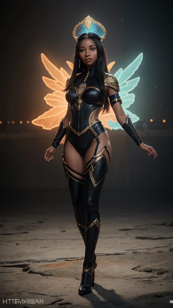 full body portrait of a ((Nubian1.5)) queen Nubia, light green hazel eyes, Woman from Wakanda beautiful ((black female:1.2)), dark-skin, Graceful Midnight Angel of God, beautiful d&d character portrait, colorful fantasy, detailed, realistic face, digital portrait, intricate armor, fiverr dnd character, Afrocentric, stanley artgerm lau, ilya kuvshinov, artstation, hd, octane render, hyperrealism, unreal engine, attention to detail. 