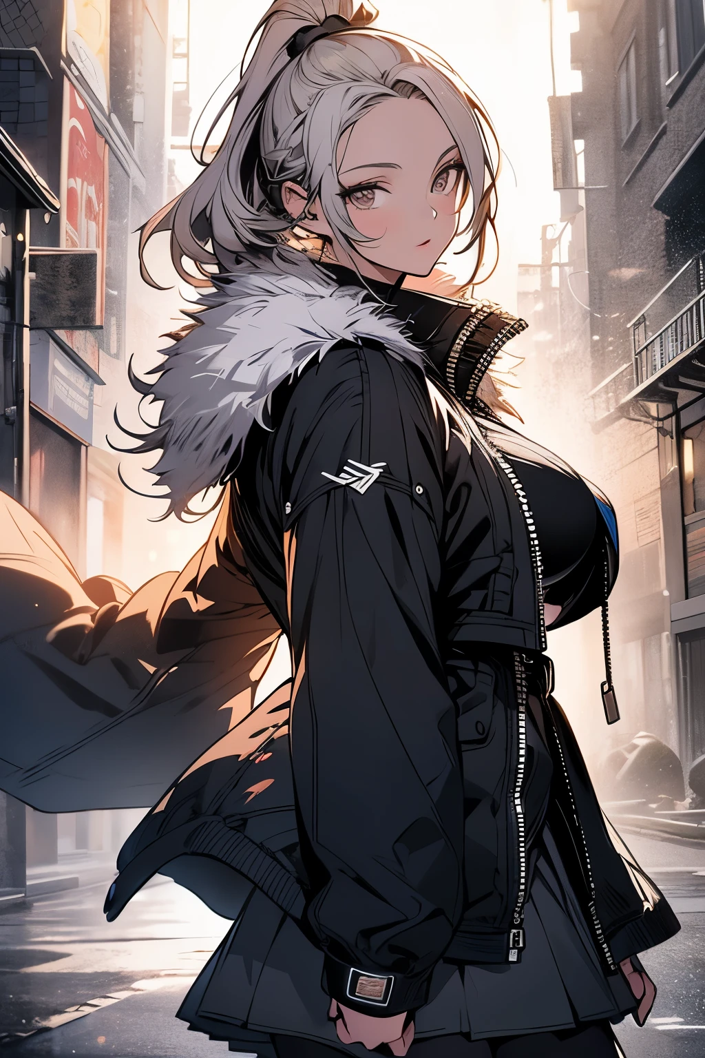 Original photo, best quality, full body photo), (Realistic, photo fidelity: 1.3), (Extremely delicate and beautiful: 1.1) 1 woman chiseled physique and wide hips, leggings, pleated skirt, sports top, high ponytail, high boots, long fur jacket, on a hazy moonlit night in a ghost town, monochrome style, line art, detailed face, detailed eye's, detailed lips, wide hips