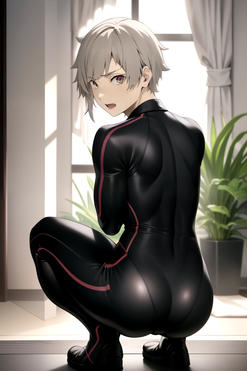 masterpiece, best quality, high quality, 1boy, solo, male focus, looking at viewer, nakajima_atsushi, grey hair, (dive suit uniform: 1.2), t-back side binding, de costas para o espectador, olhando para o espectador, de baixo, nadegas a mostra, squatting de costas, from behind, squatting, virilha exposta, sexual expression, fangs