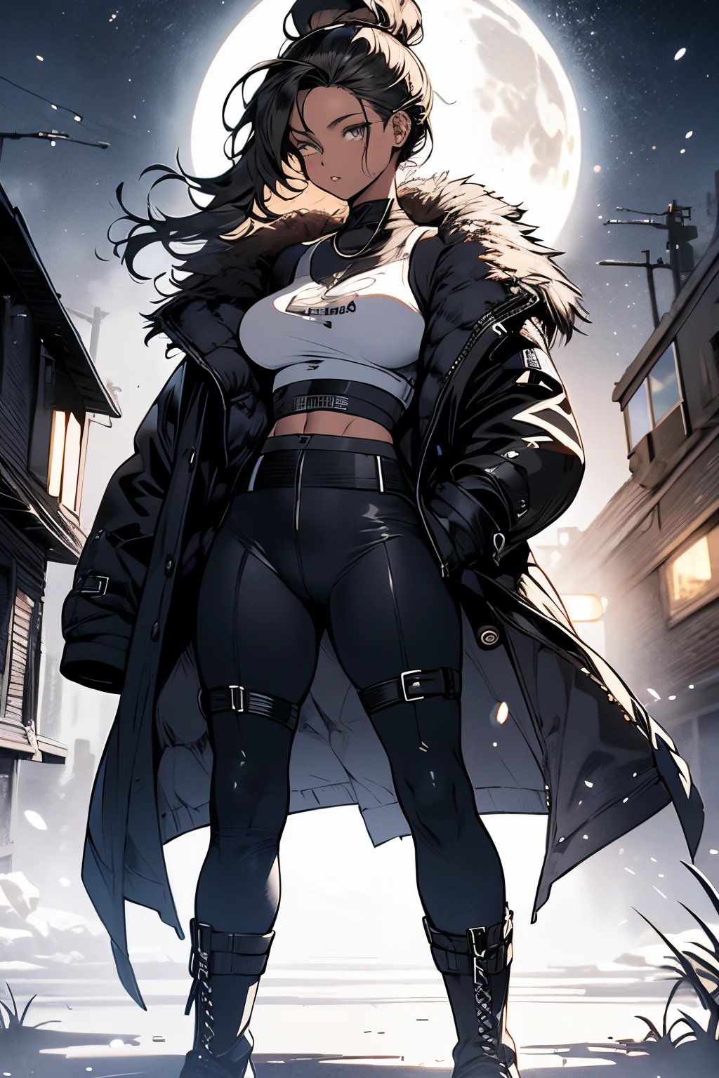 Original photo, best quality, full body photo), (Realistic, photo fidelity: 1.3), (Extremely delicate and beautiful: 1.1) 1 woman chiseled physique and wide hips, leggings, pleated skirt, sports top, high ponytail, high boots, long fur jacket, on a hazy moonlit night in a ghost town, monochrome style, line art, detailed face, detailed eye's, detailed lips, wide hips