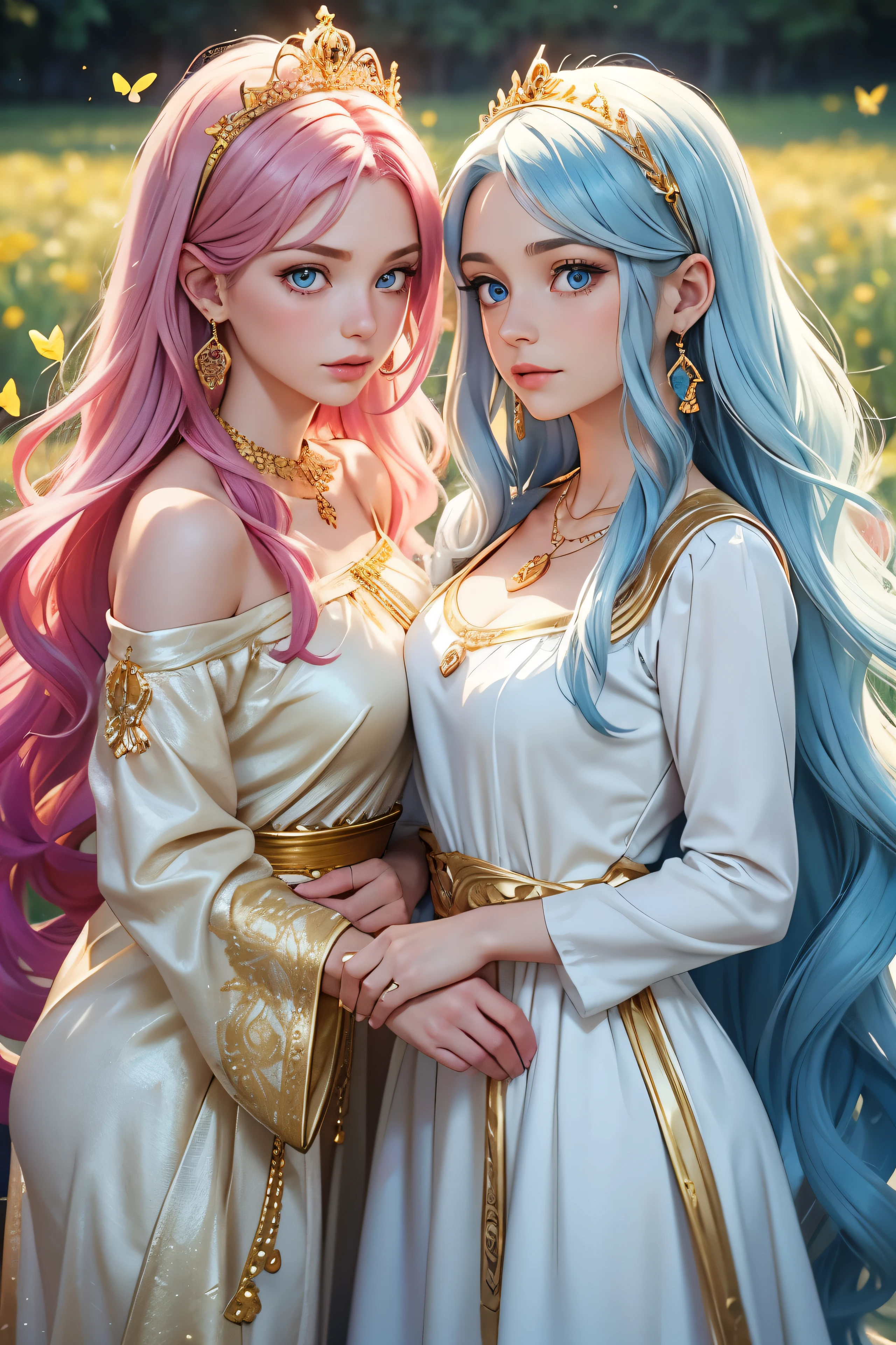 
2girls, one with fuchsia hair, fuchsia eyes, narrowed eyes, long hair, straight hair, soft smile, gold tiara, gold earrings, gold necklace, gold accessories, greek style dress, white dress, one with light blue hair, white dress, blue eyes, wavy hair, sad eyes, greek style dress, blue dress, gold tiara, gold earrings, gold necklace, gold accessories, the background is a field of flowers, multiple butterflies fly around