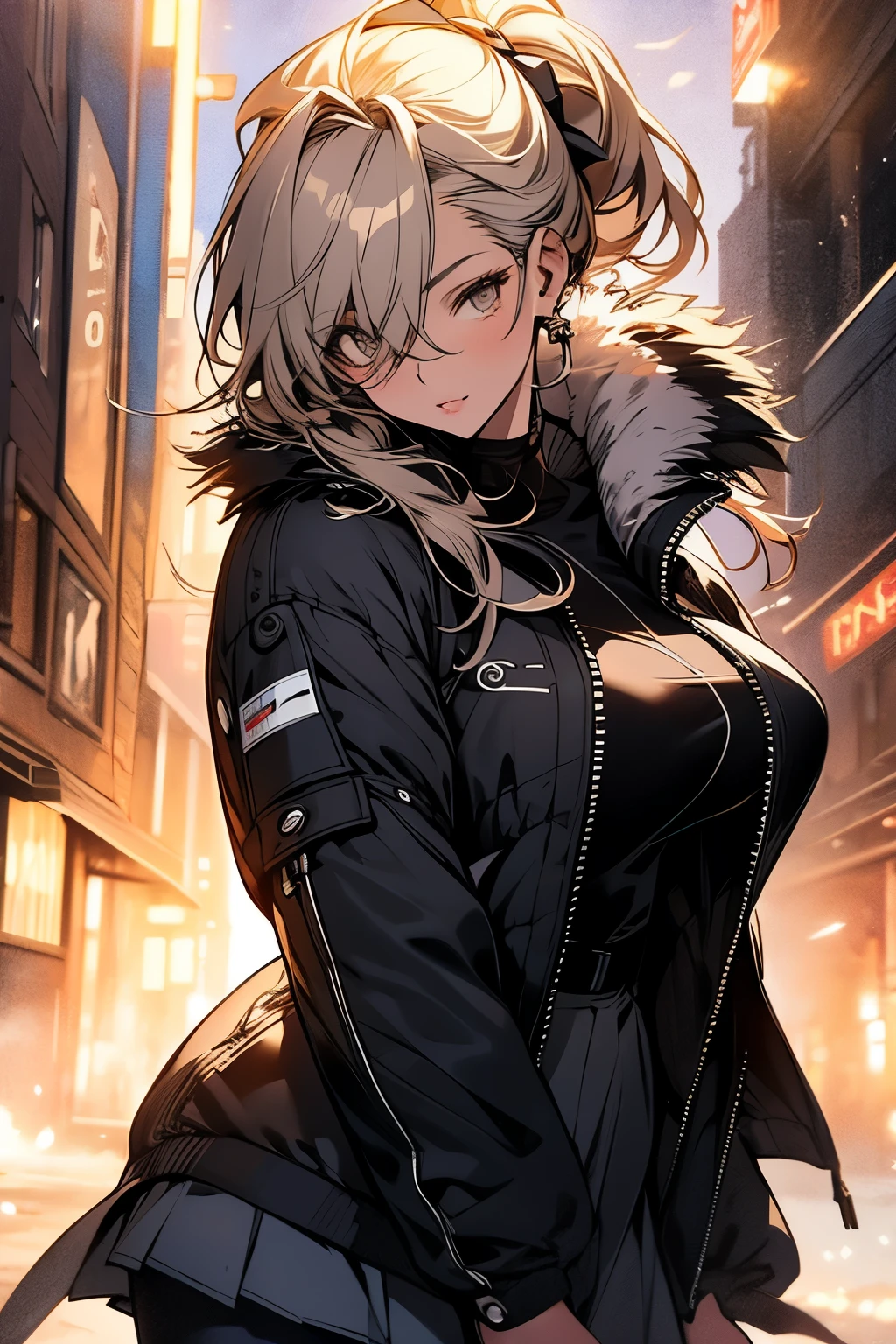 Original photo, best quality, full body photo), (Realistic, photo fidelity: 1.3), (Extremely delicate and beautiful: 1.1) 1 woman chiseled physique and wide hips, leggings, pleated skirt, sports top, high ponytail, high boots, long fur jacket, on a hazy moonlit night in a ghost town, monochrome style, line art, detailed face, detailed eye's, detailed lips, wide hips