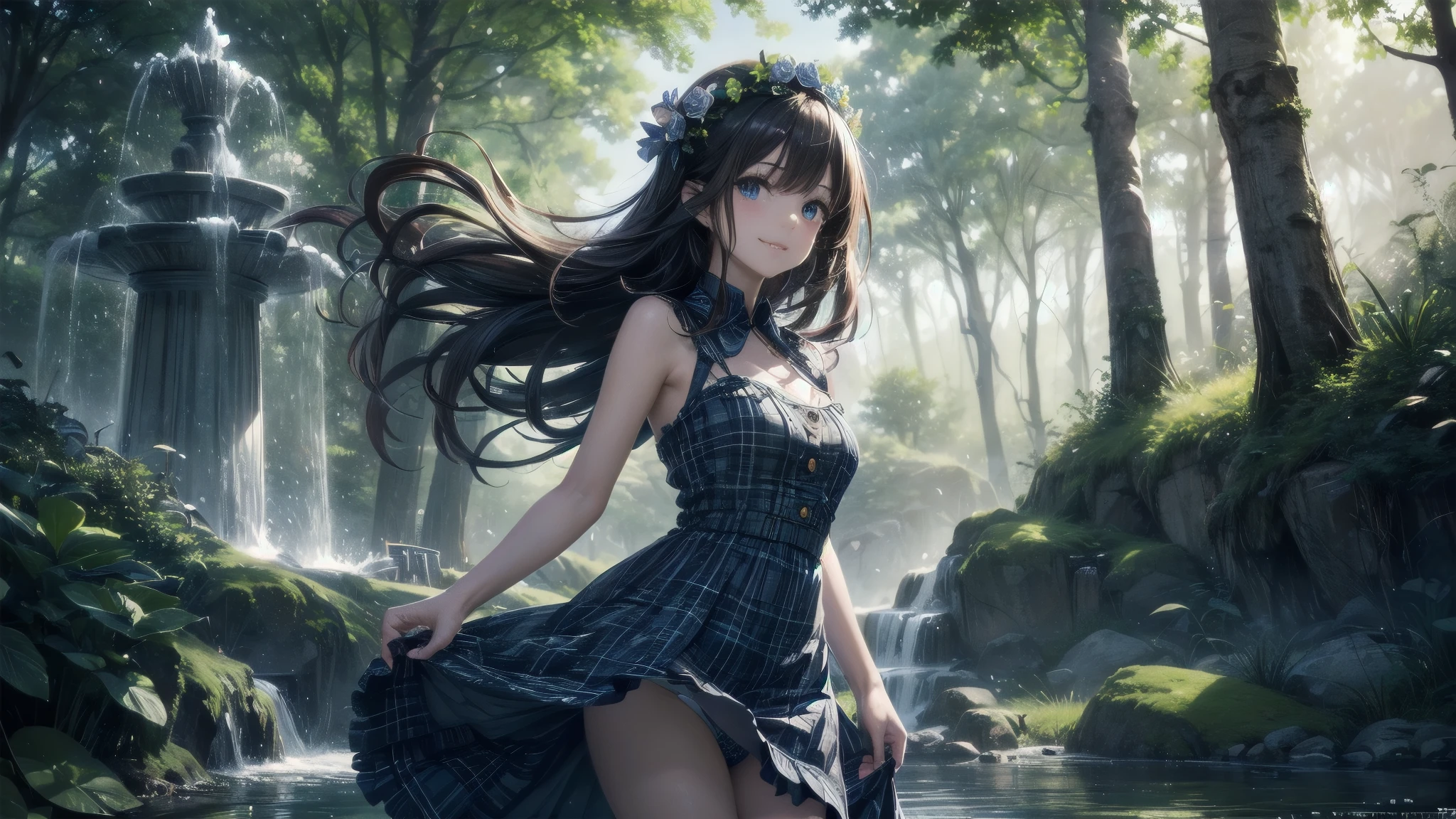 Very cute and beautiful girl,Blue plaid summer dress with detailed ruffles,Sleeveless,(Skirt lift,White panties),(very detailed beautiful face and eyes:1.2), Cowboy Shot,Smile,Black hair,flowercrown, (Standing by a water fountain in the forest),Fog,fantastic stone monument,Detailed landscapes, (Best Quality,masutepiece:1.2),(Intricate details),Extremely detailed,hight resolution,Solo, Cinematic lighting,Dim light,Dynamic Angle,Hair fluttering in the wind,