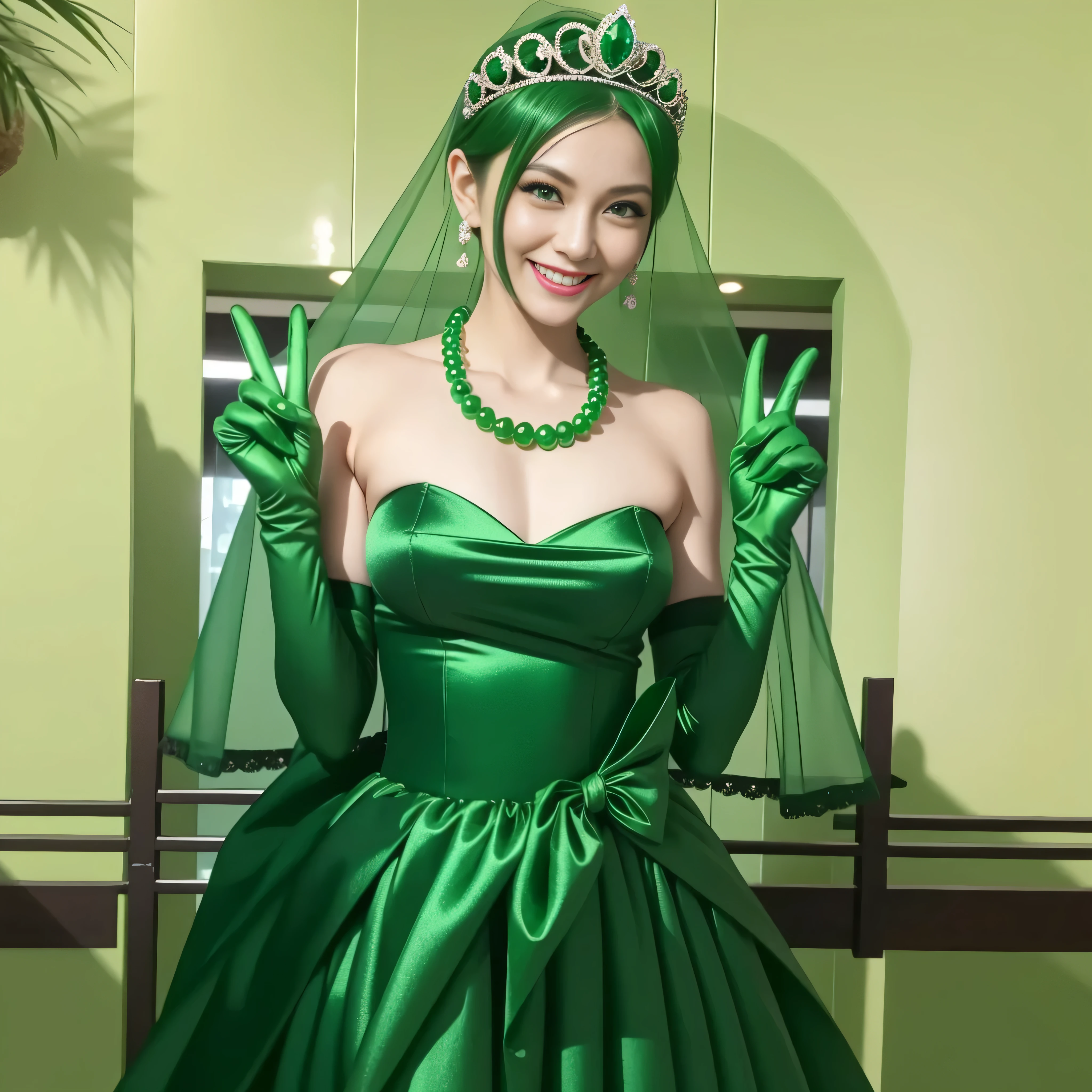 Emerald tiara, Green Pearl Necklace, Boyish very short green hair, lipstick, Smiling Japanese woman, Very short hair, Big tits beautiful, Green Eyes, Long green satin gloves, Green Eyes, v sign, Emerald Earrings, Green Veil