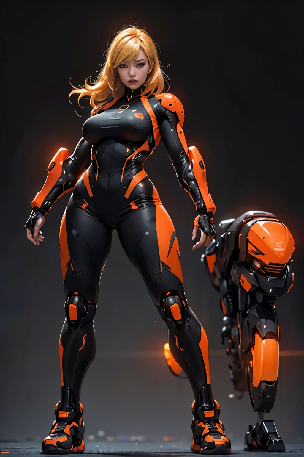 samus aran, simple background,black and orange,blonde hair,cyberpunk ,thick thigs,thick,ample bosom,front pose,looking in camera,cybernatic torso,full body suit,front pose,