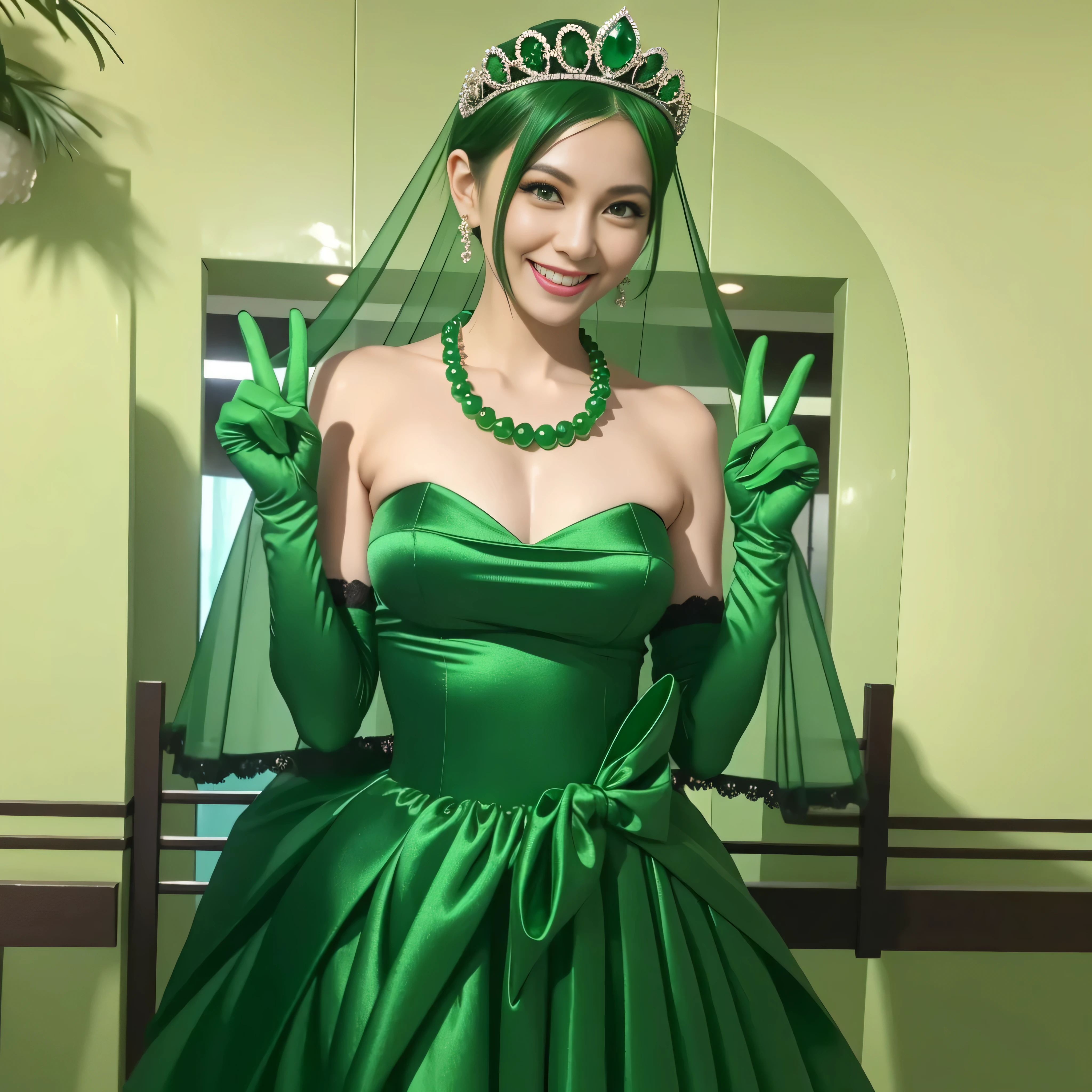 Emerald tiara, Green Pearl Necklace, Boyish very short green hair, lipstick, Smiling Japanese woman, Very short hair, Big tits beautiful, Green Eyes, Long green satin gloves, Green Eyes, v sign, Emerald Earrings, Green Veil
