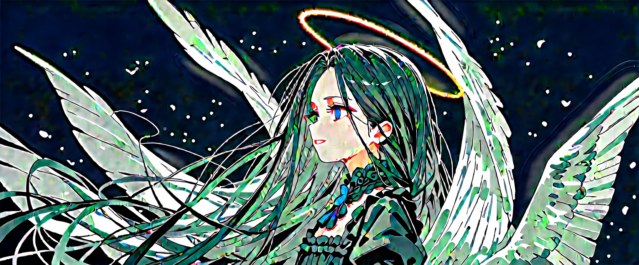 masterpiece, T-ponyai3 style, zoom out, side view, looking away, score_9, score_8_up, score_7_up, rear view, 1girl, solo, black hair, long hair, parted bangs, dark blue eyes, small smile, glad, parted lips, innexpressive, pale skin, small breasts, upper body, victorian fashion, black dress, frilled dress, short sleeves, (2 large white wings), folded wings, beautiful wings, halo over head, black background, best quality