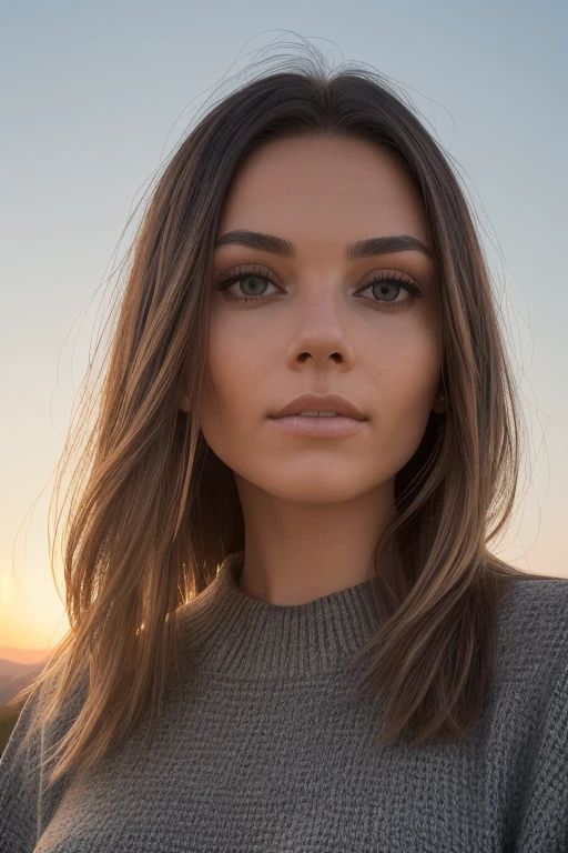closeup headshot of S010_AlexGrey_v2, a stunning woman, on a (hill:1.2), (elevation:1.2), (countryside:1.1), wearing a (sweater:1.2), (sunset), (8k, RAW photo, best quality, depth of field, ultra high res:1.2), (absurdres, intricate, photorealistic, masterpiece, ultra-detailed:1.3)