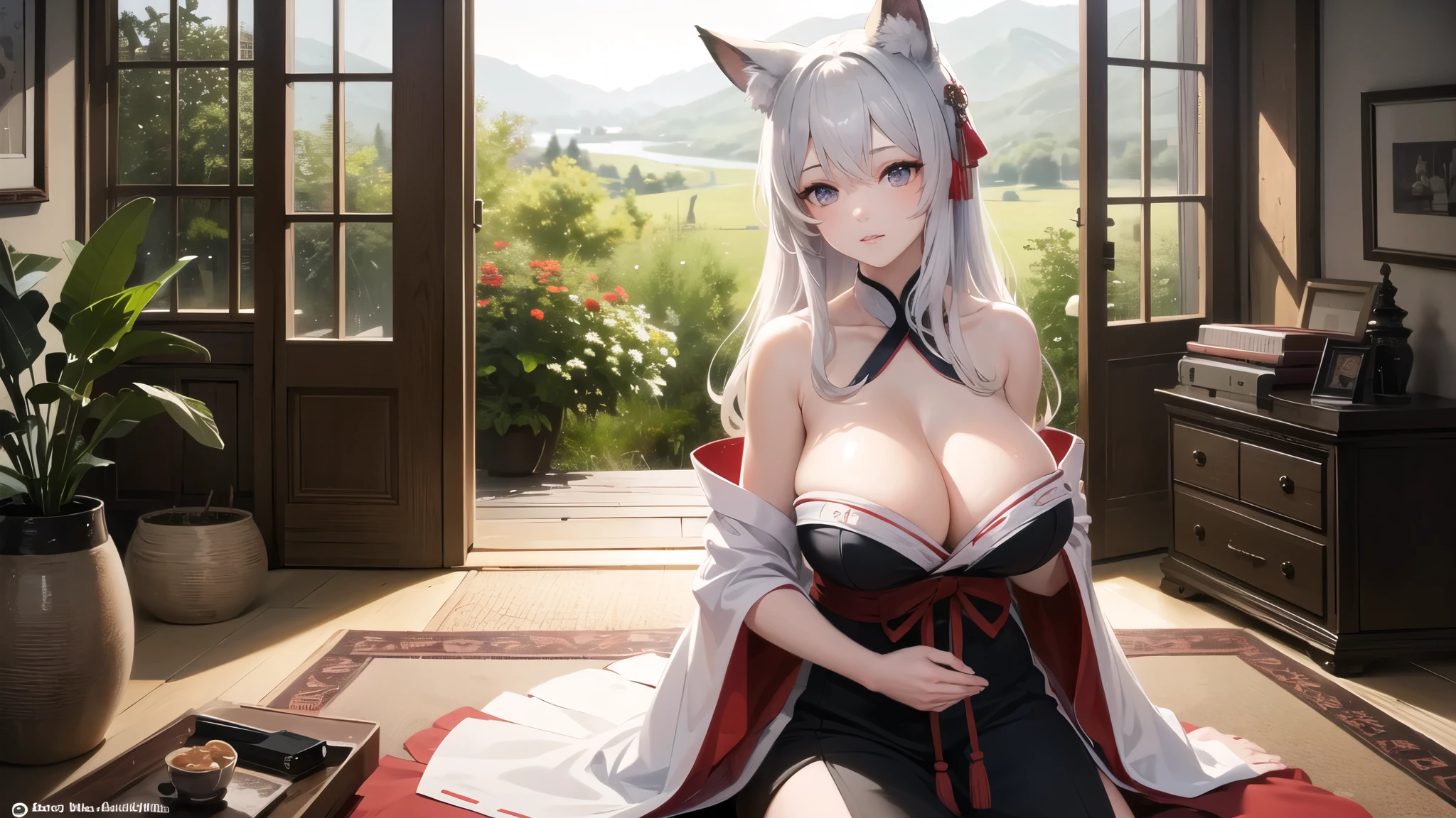 (((masterpiece, best quality))), (((superior quality))), cute girl, ((extremely detailed girl)), ((huge breasts)), fox ear, shrine maiden, (bare shoulders), strapless top