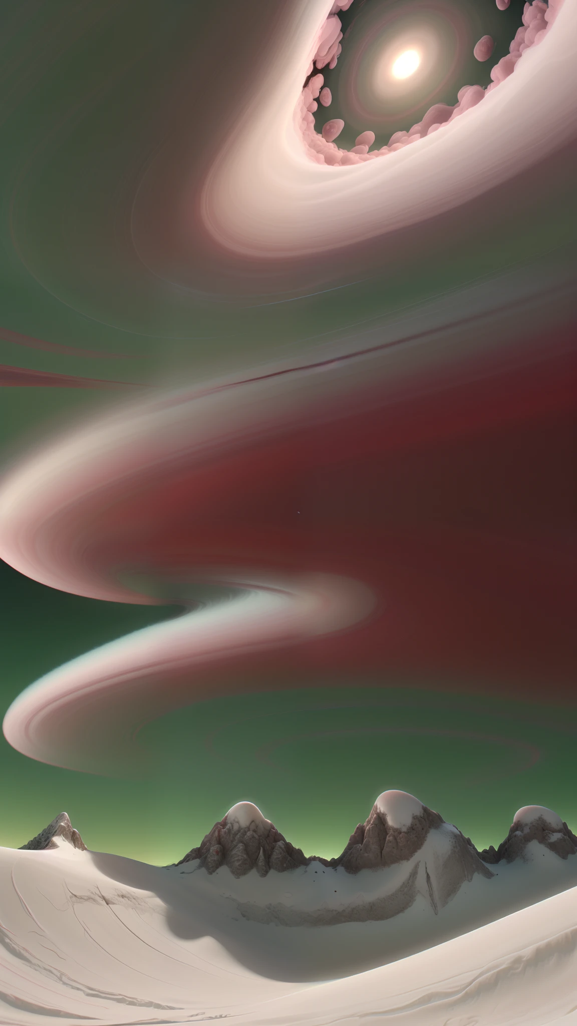 alien landscape, rings of red Saturn in the sky, maroon highest waterfall creeping over a snow-white cloud cover , snow tsunami, green floral tornado, beautiful,lumen,professional photo,beautiful,3d, realistic,64k, high resolution, high detail, cgi, hyperrealism,f/16.1/300s.highly detailed digital painting,bright and juicy photorealistic painting,landscape nature