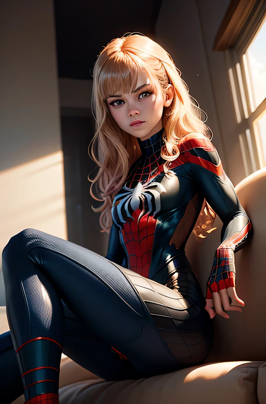 (Extreme Detail CG Unity 8K Wallpapers，tmasterpiece，Highest image quality)，(Delicate light and shadow，The picture is highly dramatic，Cinematic lens effect)，full bodyesbian，A girl in a short Spider-Man dress, hair color，From the Spider-Man parallel universe，Wenger，Marvel，Spidey，sitting in the couch，dynamicposes)，(Exceptional detail，The lighting effect is outstanding，Vista wide angle)，(Excellent rendering，Enough to stand out from the crowd)，The focus is on the Spider-Man costume，Complex spider textures
