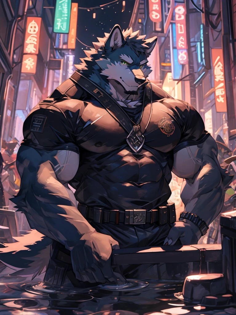 There is a male furry wolf sitting in the water with a cell phone, with blue and green fur colors, Super Buff and Cool, Muscular character, big biceps, big muscle, Muscular!!, Gigachad muscular, Muscular character, Muscular!!!, big muscle, Muscular! The cyberpunk, Men's art, huge muscles, Muscular male hero, Beef Cake Pose, Steamed, commission for high res, Muscular! close up shot, portrait of a