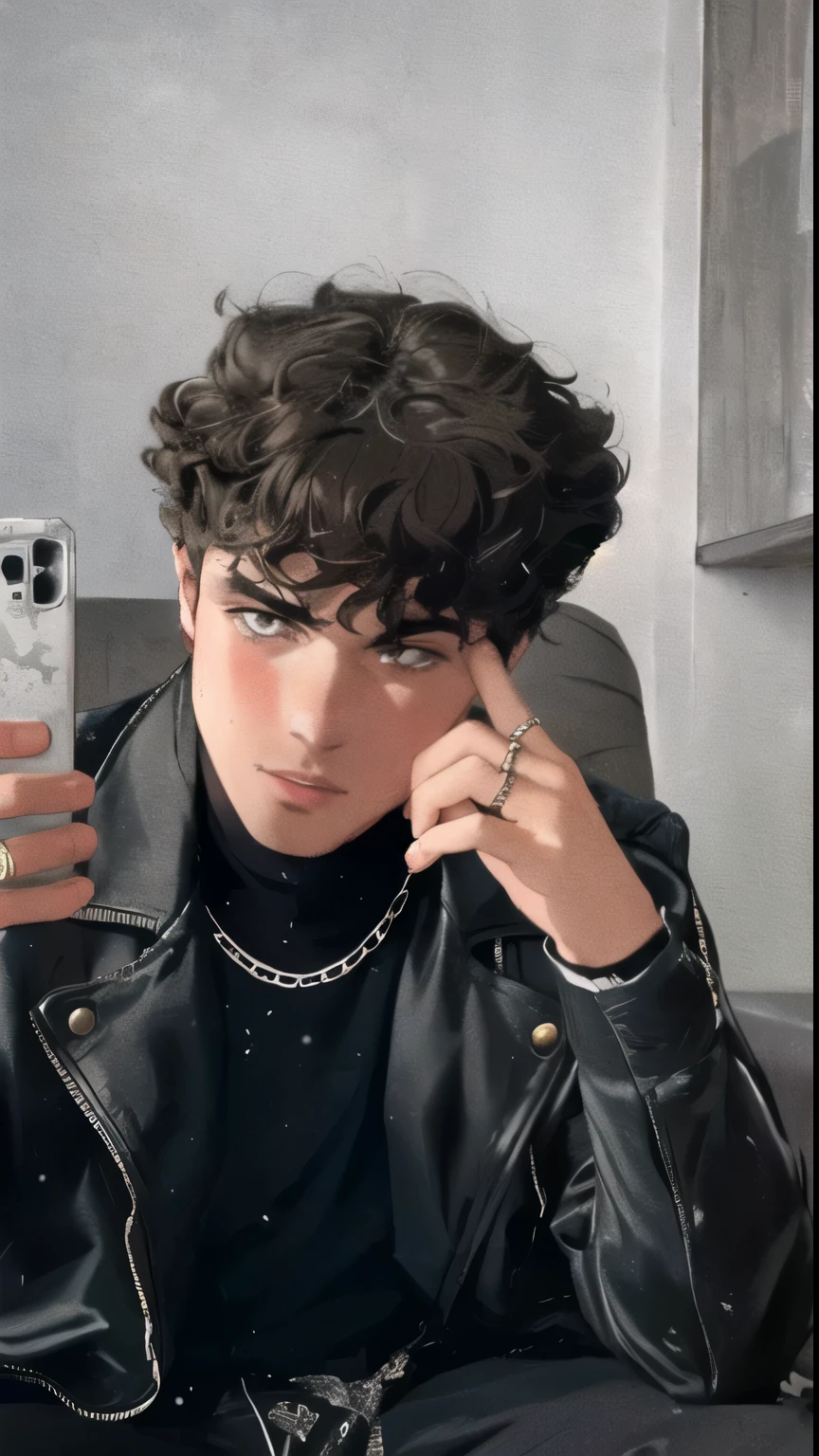 There is a man sitting on a sofa holding a cell phone, declan mckenna, rizos en la parte superior de su cabeza, he has short curly brown hair, foto de perfil, estilo de seb mckinnon, Finn Wolfhard, aser duran, timothy chalamet, corte de pelo rizado en la parte media, inspirado por Ion Andreescu, inspirado en Luca Zontini