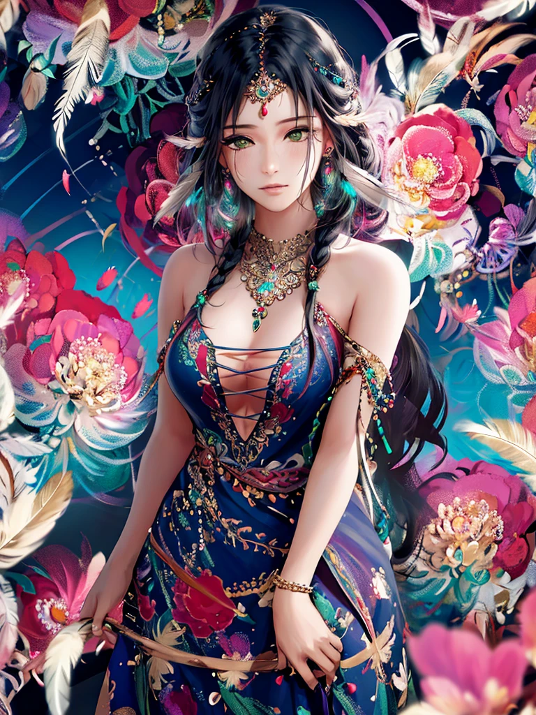 (masterpiece, top quality, Best quality, official art, beautiful and aesthetically pleasing:1.2), (1 girl, mature:1.3, got old:1.3), long hair, braid sidelocks, Extremely detailed,(fractal art:1.1),(colorful:1.4)(flowers:1.3),The most detailed,(zentangle:1.2), (dynamic pose), (abstract background:1.3), (shiny skin), (many colors:1.4),(earrings:1.4), (feathers:1.4), cowboy shot