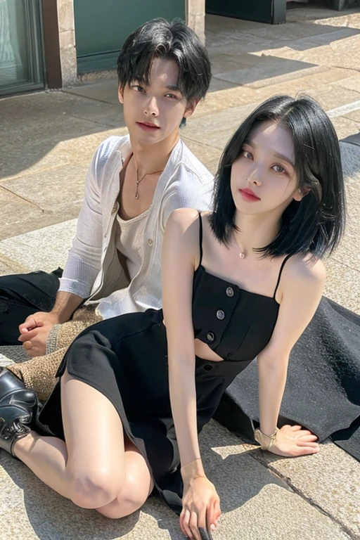 One kneeling woman and one lying man, couple, short hair, medium chest, black hair, dress, possession, bare shoulders, women's jewelry accessories, brown eyes, moaning, women's pantyhose, parted Lips, sleeveless, inside, medium hair, Tight dress, Lips, book, lovers facing each other, young korean man wearing shirt, bed, room, lover's skinship