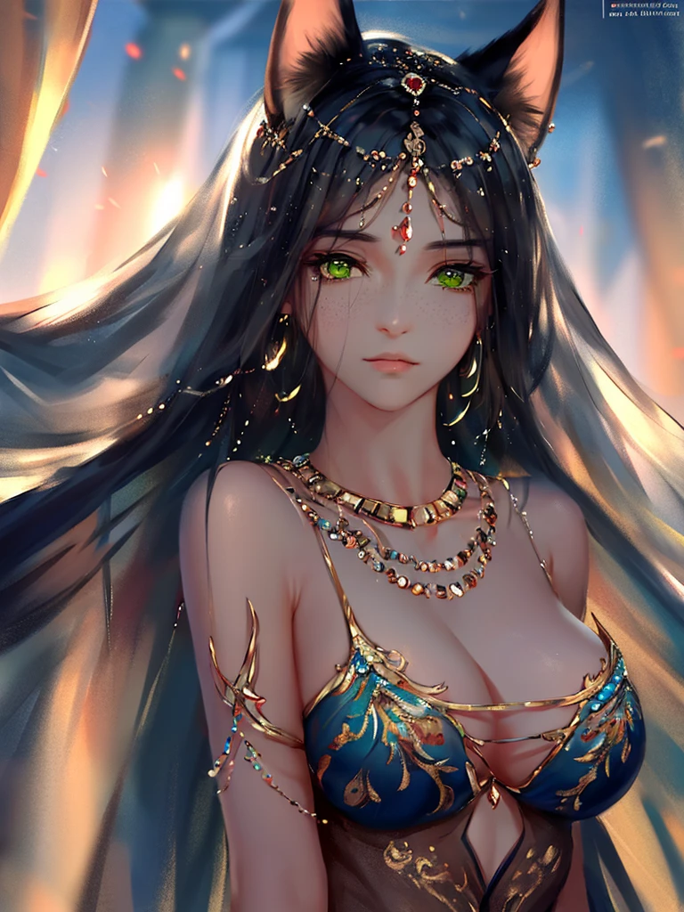 very good illustration, High detail, dynamic angle, beautiful detailing,2D, (Best quality, masterpiece, Beauty, tenderness), Anime, Highly detailed face, very detailed eyes, very detailed background, Ideal lighting, Whole body, 1 girl, One, (Very detailed cat ears), (Very detailed ears behind the hair)? Goddess Bastet, Ancient Egypt \(Очень подробный Ancient Egyptian\), Very detailed clothes, green eyes, Finely detailed eyes, ears covered with hair, (Very detailed background)