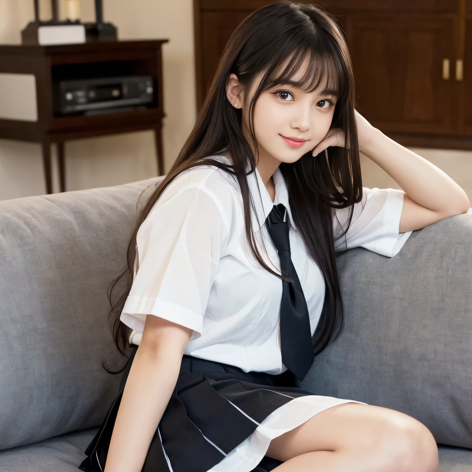 Best-quality, Masterpiece, Ultra-High-Resolution, (Photorealistic:1.4), Raw-Photo, 1girl, 18-years-old, the most famous Japanese idol, at living-room, on sofa, open legs, dynamic-pose, (((wearing high-school uniform))), ((extremely cute face like the most popular Japanese idol, ((extremely cute and extremely big black-eyes)), extremely beautiful hair, extremely cute lips, extremely beautiful skins)), extremely beautiful inner-thighs, innocent-smile, detailed sofa