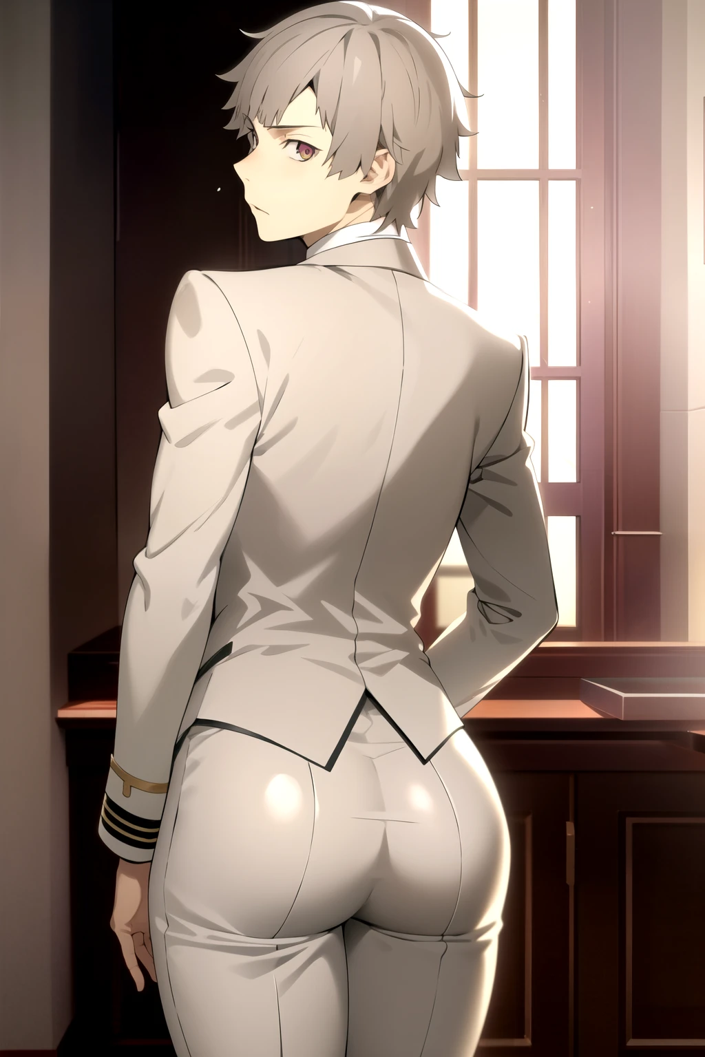 masterpiece, best quality, high quality, 1boy, solo, male focus, looking at viewer, nakajima_atsushi, grey hair, (matros uniform: 1.2), behind, Shows ass, butt