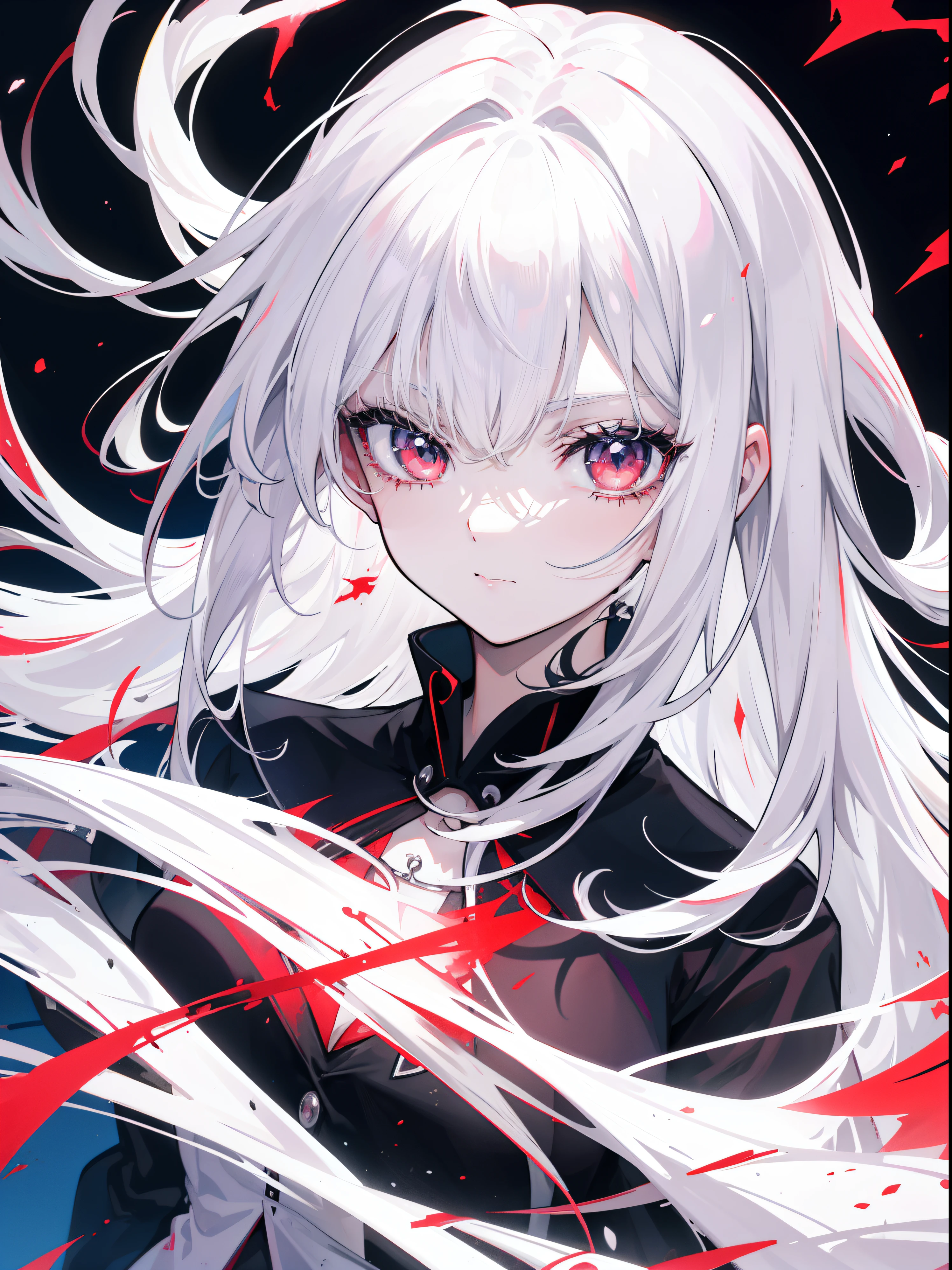 [demonic teenage girl] messy white hair, den Betrachter anschauen, Pokerface, rote Partikel schweben herum, Digitale Anime-Kunst, seductive anime art, scharfer Fokus, wears a black blouse, ultra detailliert, 4k