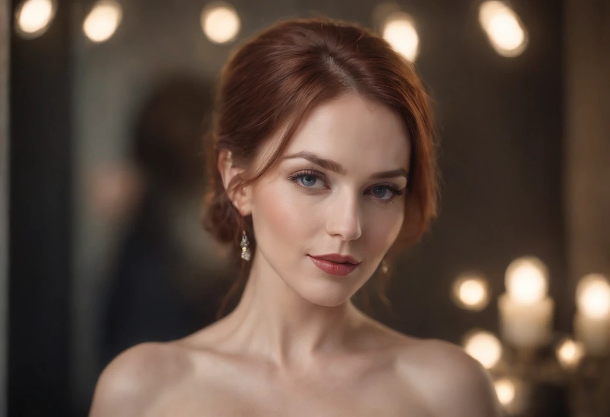 foto profissional de corpo inteiro, alto detalhe, pele realista. As the camera pans around the room, the magical bokeh of the lights creates a dreamlike atmosphere. No centro da sala, is a 45 year old MILF goddess with red hair , boca grande, fleshy lips and blue eyes. She is wearing a pair of sparkling earrings and a dress with a generous neckline drawing attention to her large breasts., adding a touch of mystery to its already intriguing presence. its intricate details adding to the overall cinematic feel of the scene.