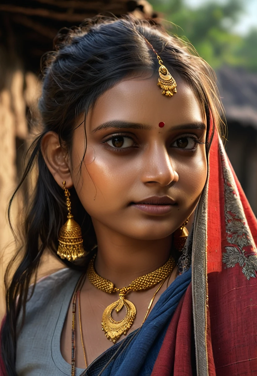 young Indian girl, 18-year-old,  gentle sun lighting on face , village mood , old cloths about to get ripped , village girl vibe, intricate facial details, full body picture, cinimatic pose flawless complexion, top-notch 3D rendering, hyper-realistic, shot on Indian road. photorealistic digital art trending on Artstation 8k HD high definition detailed realistic, detailed, skin texture, hyper detailed, realistic skin texture, armature, best quality, ultra high res, (photorealistic:1.4),, high resolution, detailed, raw photo, 400 camera f1.6 lens rich colors hyper realistic lifelike texture dramatic lighting unrealengine trending on artstation cinestill 800