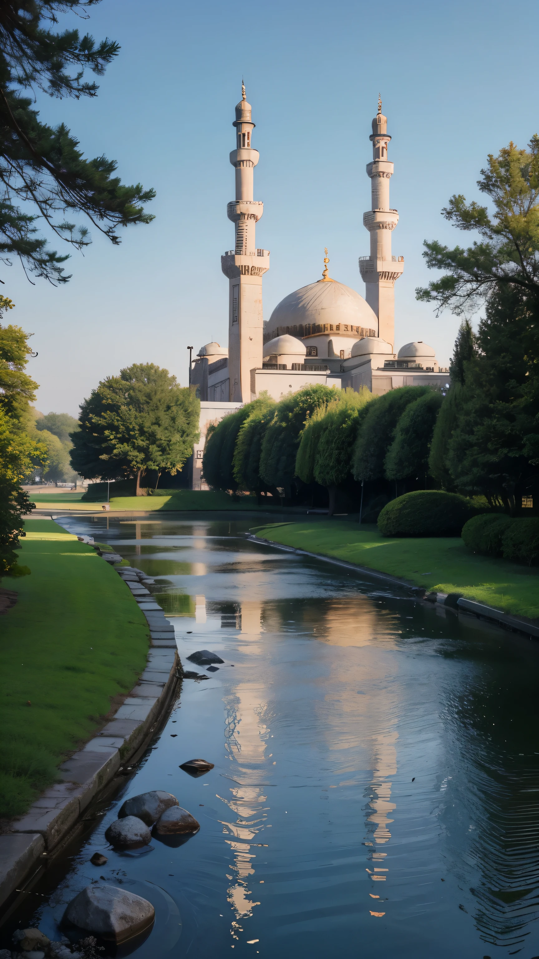 mosque, beautiful, exterior, trees, river