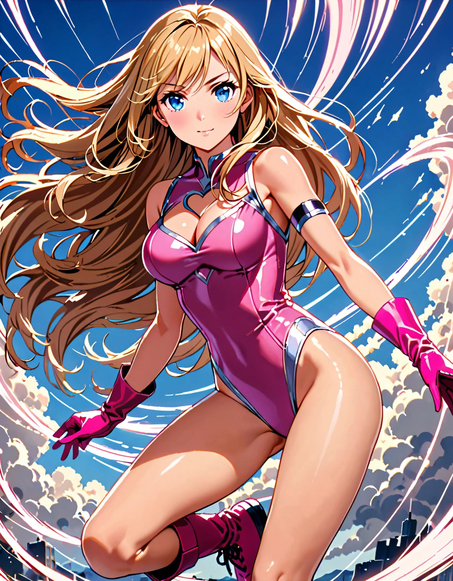 ((masterpiece)), ((best quality)), ((high res)), 1girl, solo, solo focus, (leotard, perfect leotard, pink leotard, sleeveless,  legs), matching boots, looking at the viewer, blue sky backdrop, perfect hands, complete fingers, perfect , , (blonde hair, long hair, mid-length hair, hair down, bangs), knee boots, blue eyes, beautiful detailed eyes, beautiful detailed face, cute face, ( heart cutout), pink gloves, pink footwear, superhero, heroic, spread arms. spins in place like a tornado, she spins at an incredible speed, creating a whirlwind of air around her,spiral lines around,cyclone winds around,tornado spinning.