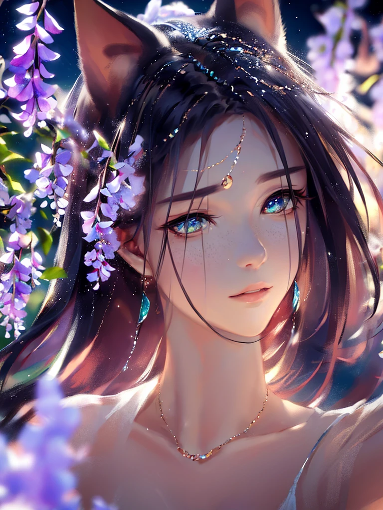 anime style, very fine illustration, high detail, dynamic foreshortening, great detail, 8k, Wisteria trees quietly shine on a spring night, illuminated by city lights. BREAK The woman stands motionless, fascinated by the beautiful scene, watching the wisteria flowers fall. The expression on her face says that she is sincerely delighted with the arrival of spring and the beauty of the flowering wisteria. very good illustration, High detail, dynamic angle, beautiful detailing,2D, (Best quality, masterpiece, Beauty, tenderness), Anime, Highly detailed face, very detailed eyes, very detailed background, Ideal lighting, Whole body, 1 girl, One, (Very detailed cat ears), (Very detailed ears behind the hair), Finely detailed eyes, ears covered with hair,