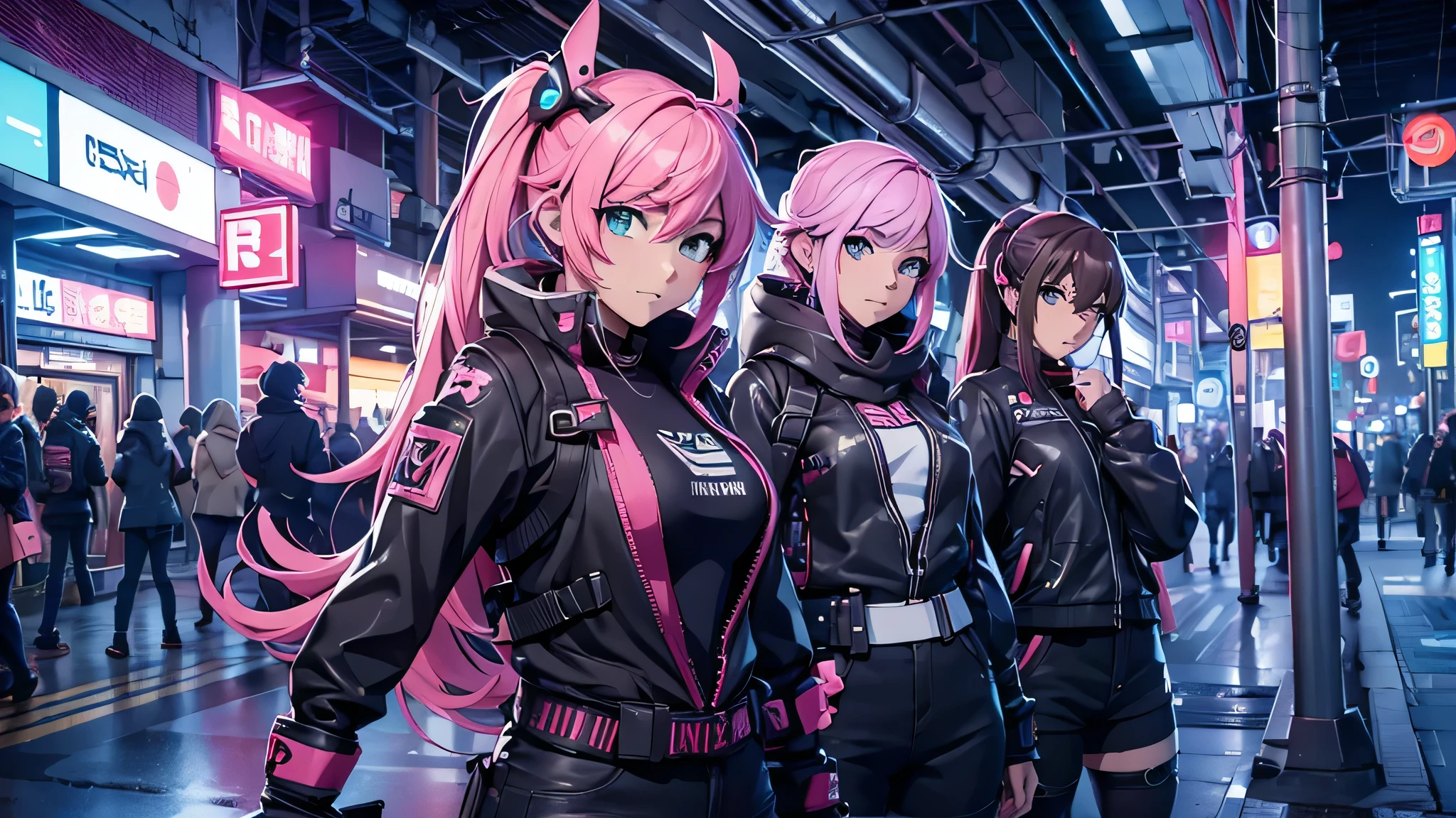 4 Chicas anime posando en una ciudad por la noche., oppai ciberpunk, anime ciberpunk art, anime ciberpunk, arte del anime ciberpunk, digital arte del anime ciberpunk, ciberpunk digital - arte anime, anime ciberpunk moderno, anime ciberpunk digital!!, mejor fondo de pantalla de anime 4k konachan, chica anime cyberpunk femenina, en la ciudad ciberpunk, tendencia en cgstation, mujeres ciberpunk in the subway usando armamento tipo fortnite tipo portada