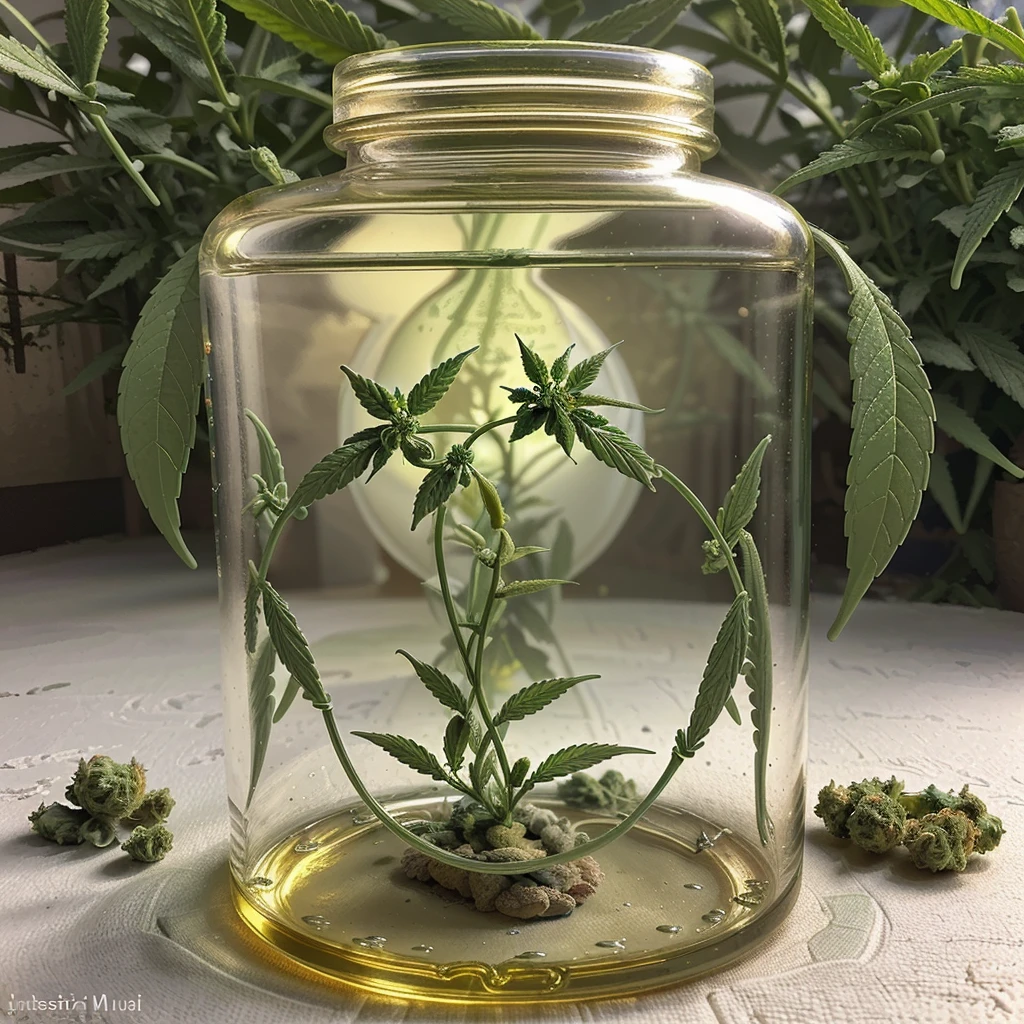 A stunning and intricate illustration showcasing the Staff of Asclepias , golden liquid contained within a stunning vial. The vial emanates a sense of healing and vitality, while the surrounding cannabis leaves introduce a serene and calming atmosphere. The text "Cannabis Medicinal" stands prominently, emphasizing the medicinal benefits of the plant. The overall composition masterfully combines ancient symbolism, modern medicine, and nature's tranquility, creating a harmonious and captivating scene., illustration