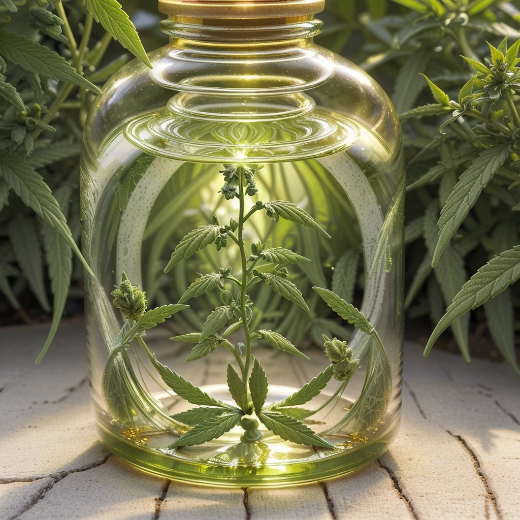 A stunning and intricate illustration showcasing the Staff of Asclepias , golden liquid contained within a stunning vial. The vial emanates a sense of healing and vitality, while the surrounding cannabis leaves introduce a serene and calming atmosphere. The text "Cannabis Medicinal" stands prominently, emphasizing the medicinal benefits of the plant. The overall composition masterfully combines ancient symbolism, modern medicine, and nature's tranquility, creating a harmonious and captivating scene., illustration