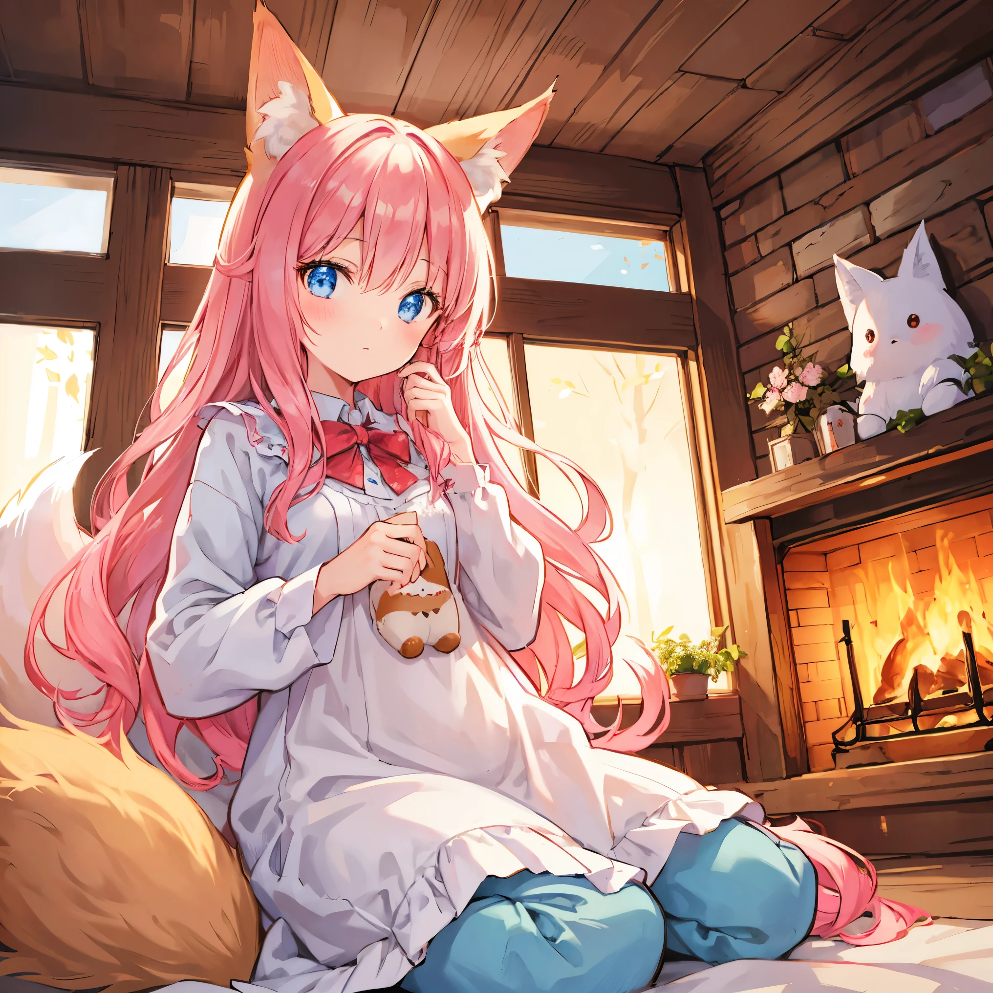 Beautiful illustration, best quality, cute girl, inside wooden house, next to fireplace, pastel color, fluffy fox ears, red long hair, fox stuffed toy, bright lighting, light blue eyes