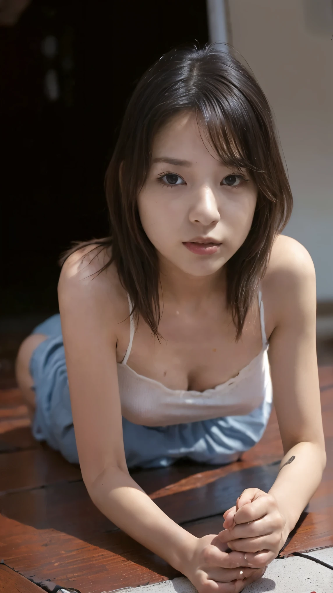 (((highest quality,Very detailed,masterpiece,Very detailed))) ,(((crawl:1.5))),((Bend your knees)),Loose breasts,See-through,camisole,one piece,barefoot,One Girl,Realistic,Bedroom、Looks sleepy