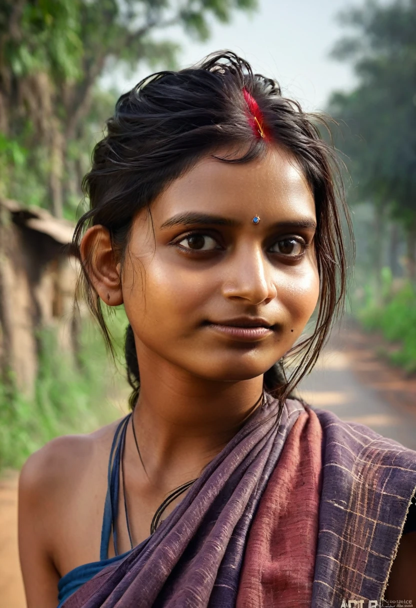 young Indian girl, 18-year-old,  gentle sun lighting on face , old cloths about to get ripped , village girl vibe, intricate facial details, full body picture, cinimatic pose flawless complexion, top-notch 3D rendering, hyper-realistic, shot on Indian road. photorealistic digital art trending on Artstation 8k HD high definition detailed realistic, detailed, skin texture, hyper detailed, realistic skin texture, armature, best quality, ultra high res, (photorealistic:1.4),, high resolution, detailed, raw photo, 400 camera f1.6 lens rich colors hyper realistic lifelike texture dramatic lighting unrealengine trending on artstation cinestill 800