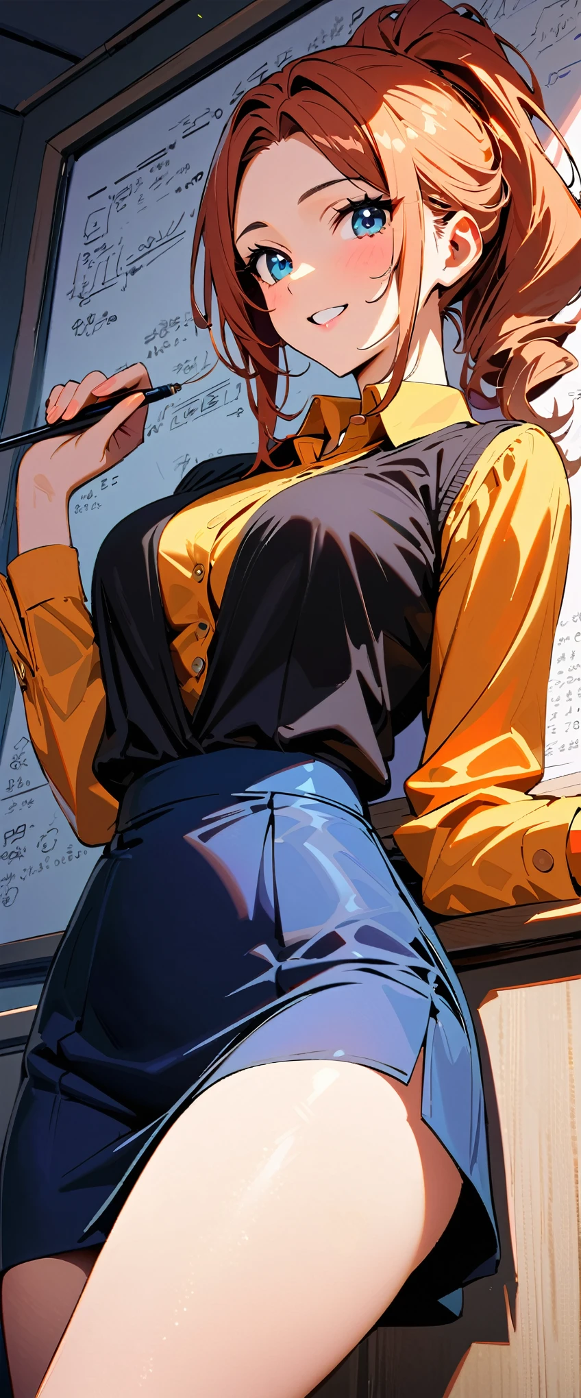 (highest quality:1.2, Very detailed, Latest, Vibrant, Ultra-high resolution, High Contrast, masterpiece:1.2, highest quality, Best aesthetics), Beautiful female teacher, sexy, business suit, Tight Skirt, Beautiful thighs revealed, Best Body Line, Beautiful detailed eyes, A professional and confident smile, Detailed facial features, Elegant hairstyle, textbook, Whiteboard with equations, Inspirational quotes on the wall, A neat and tidy desk, A loving bond, Adorable,