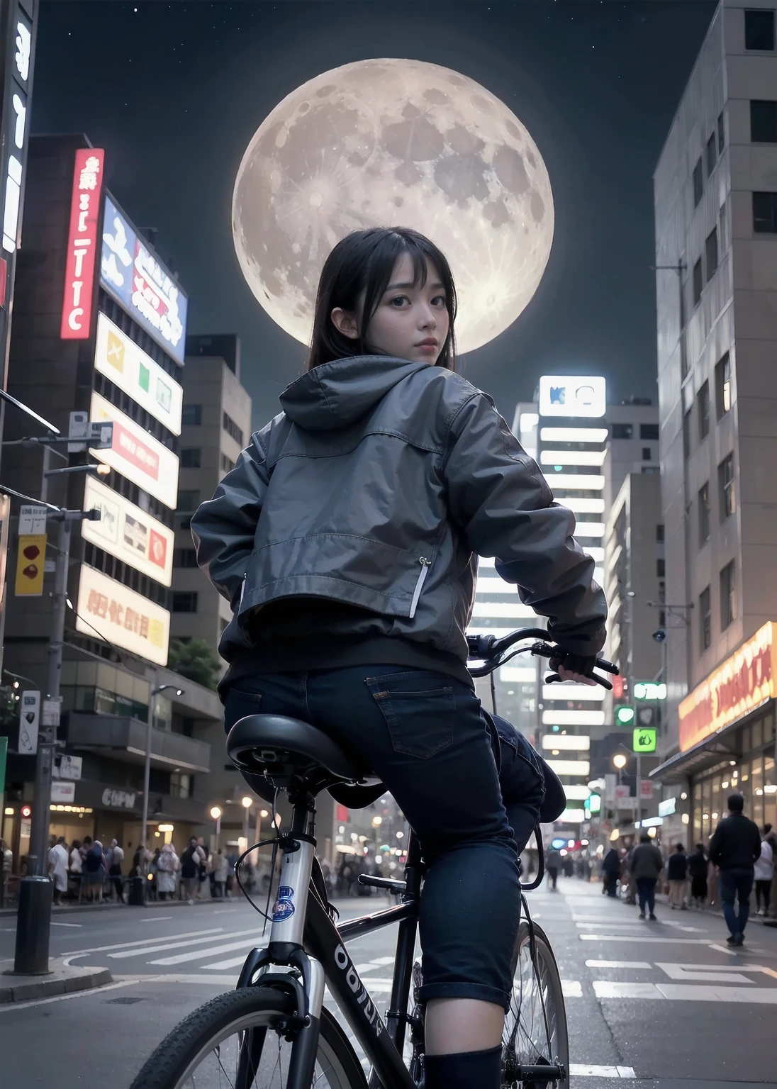 ((highest quality)), ((masterpiece)), (detailed), Perfect Face, highest quality, masterpiece, Color Anime, 4K, Realistic, highly detailed, Round ass,,One girl riding a bike, Techwear, Cyberpunk City, alone, Futuristic, Huge moon in the background, by Katsuhiro Otomo,