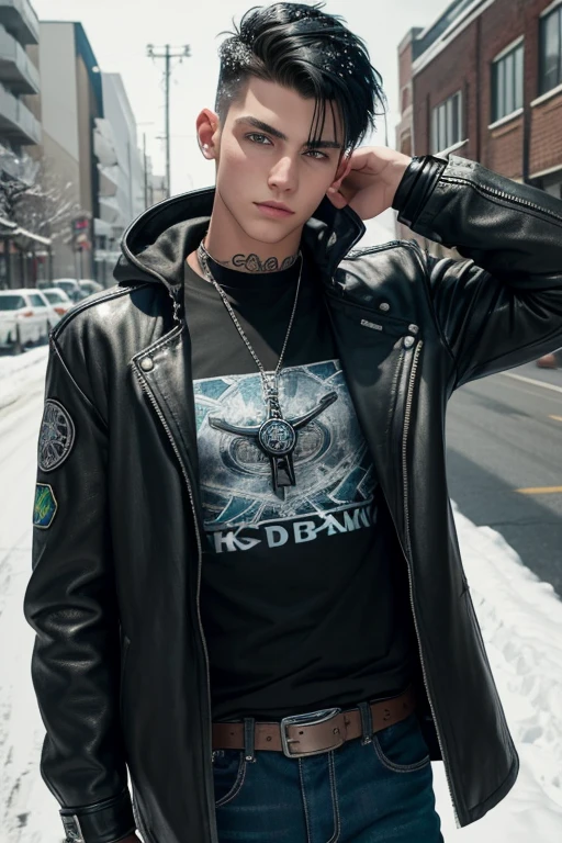 Zeke Beakerman 20-year-old boy with open black jacket, blue t-shirt with snow print, short black hair, punk style, yellow locks, black jeans, green eyes, black leather belt, silver buckle, slim muscular build, cross medallion, silver bracelet, looking straight at the viewer
