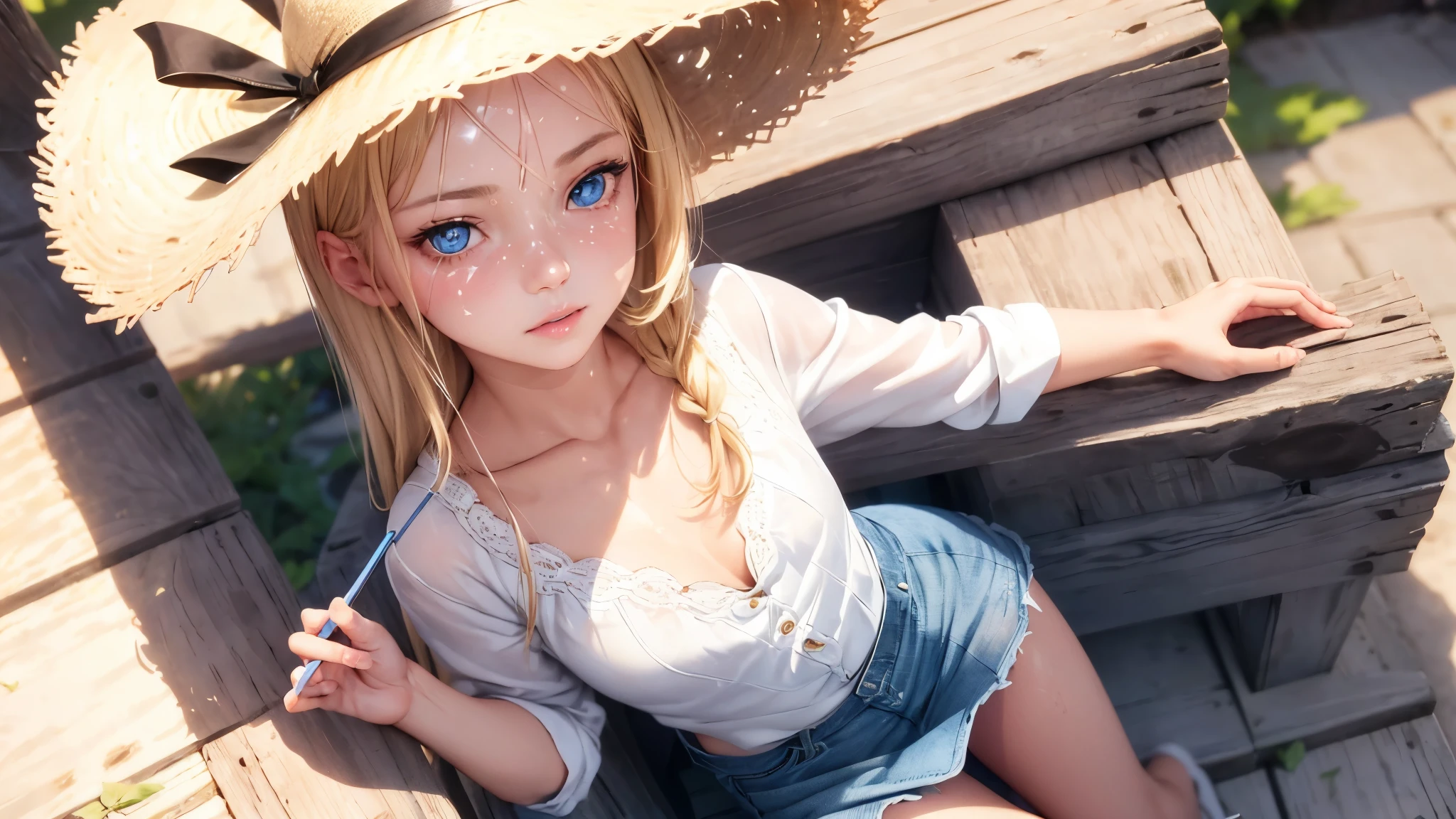 1girl, White summer costume, denim skirt, a straw fedora hat, Bare legged, blonde  hair, blue eyess, full bodyesbian, Style Petals, wood background, A clear day, perfect  eyes, perfect hand, 超A high resolution, Movie angle, profetional lighting, top-quality, ​masterpiece, side lights, sharp, Perfect focus, bokeh dof, Photorealsitic, (Fine details beautiful eyes:1.3), realisitic, (3D Face:1.1), (shinny skin:1.5), (Complex facial details in ultra-high resolution), (Pores on the skin of the face:1.3)、Ultra-high resolution fabric texture、8k eye details、8K pupil、