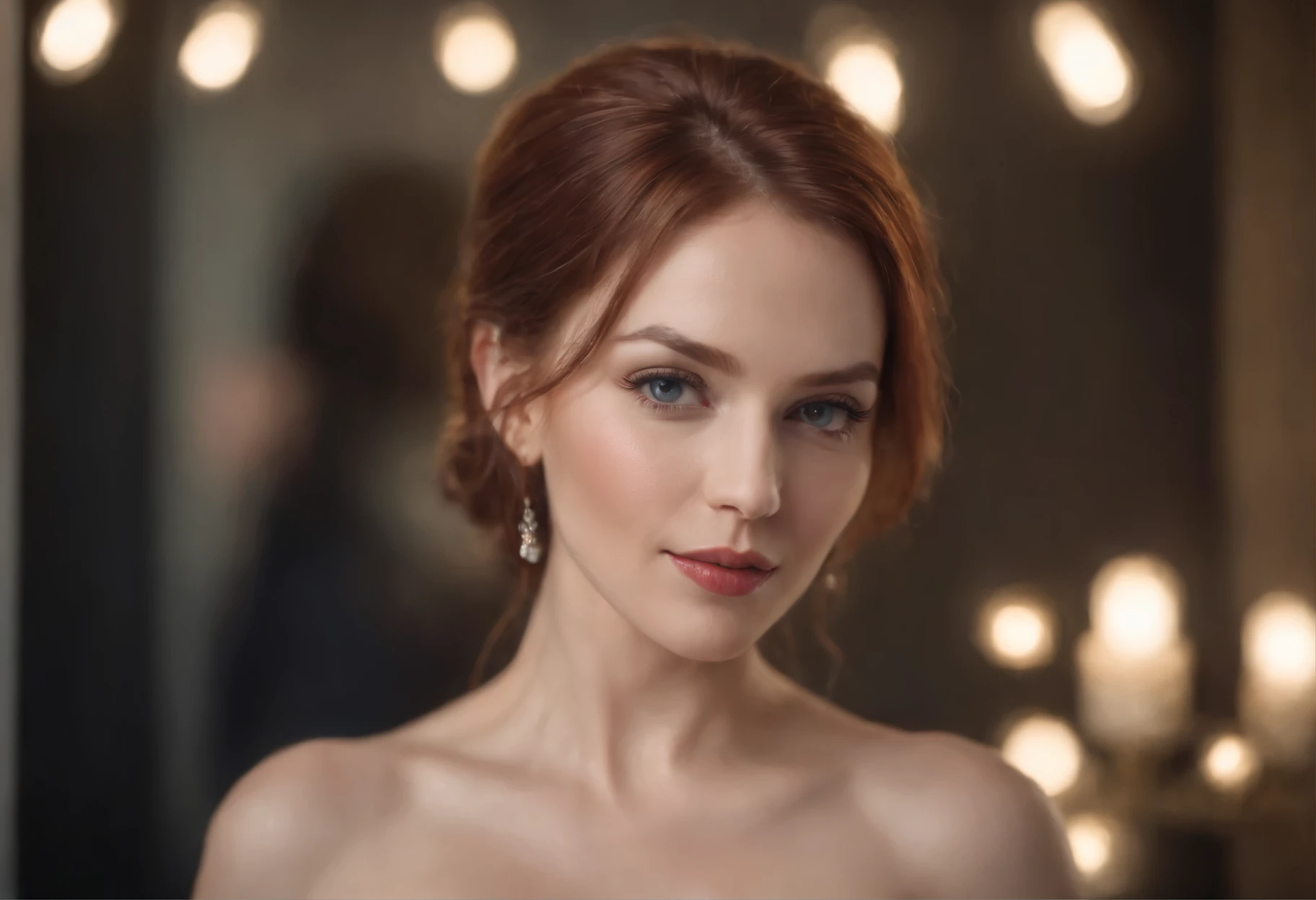 foto profissional de corpo inteiro, alto detalhe, pele realista. As the camera pans around the room, the magical bokeh of the lights creates a dreamlike atmosphere. No centro da sala, is a 45 year old MILF goddess with red hair , boca grande, fleshy lips and blue eyes. She is wearing a pair of sparkling earrings and a dress with a generous neckline drawing attention to her large breasts., adding a touch of mystery to its already intriguing presence. its intricate details adding to the overall cinematic feel of the scene.