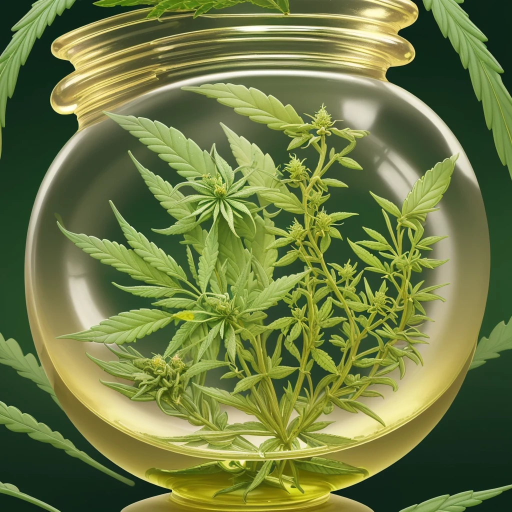 A stunning and intricate illustration showcasing the Staff of Asclepias , golden liquid contained within a stunning vial. The vial emanates a sense of healing and vitality, while the surrounding cannabis leaves introduce a serene and calming atmosphere. The text "Cannabis Medicinal" stands prominently, emphasizing the medicinal benefits of the plant. The overall composition masterfully combines ancient symbolism, modern medicine, and nature's tranquility, creating a harmonious and captivating scene., illustration