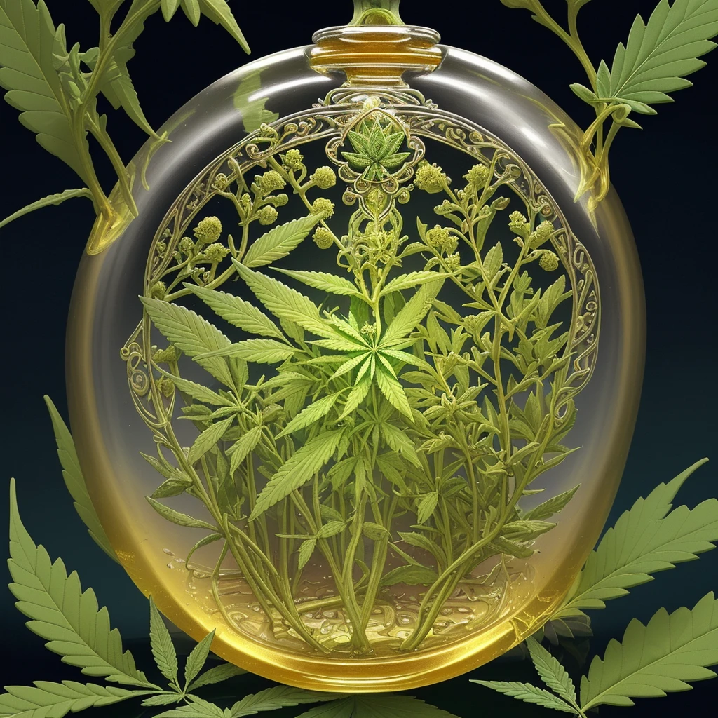 A stunning and intricate illustration showcasing the Staff of Asclepias , golden liquid contained within a stunning vial. The vial emanates a sense of healing and vitality, while the surrounding cannabis leaves introduce a serene and calming atmosphere. The text "Cannabis Medicinal" stands prominently, emphasizing the medicinal benefits of the plant. The overall composition masterfully combines ancient symbolism, modern medicine, and nature's tranquility, creating a harmonious and captivating scene., illustration