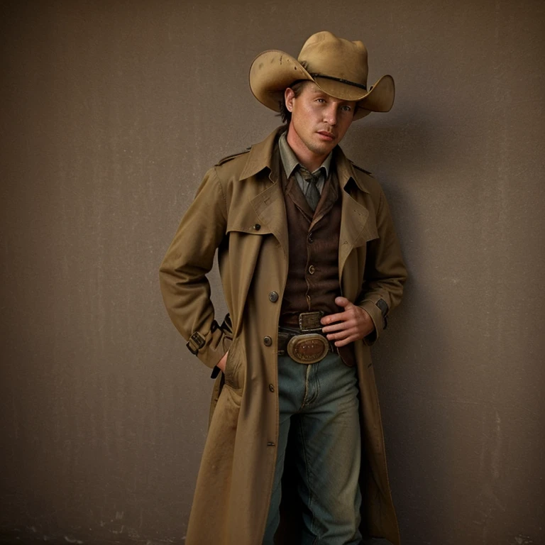 28 year old western cowboy in a trench coat period hat 