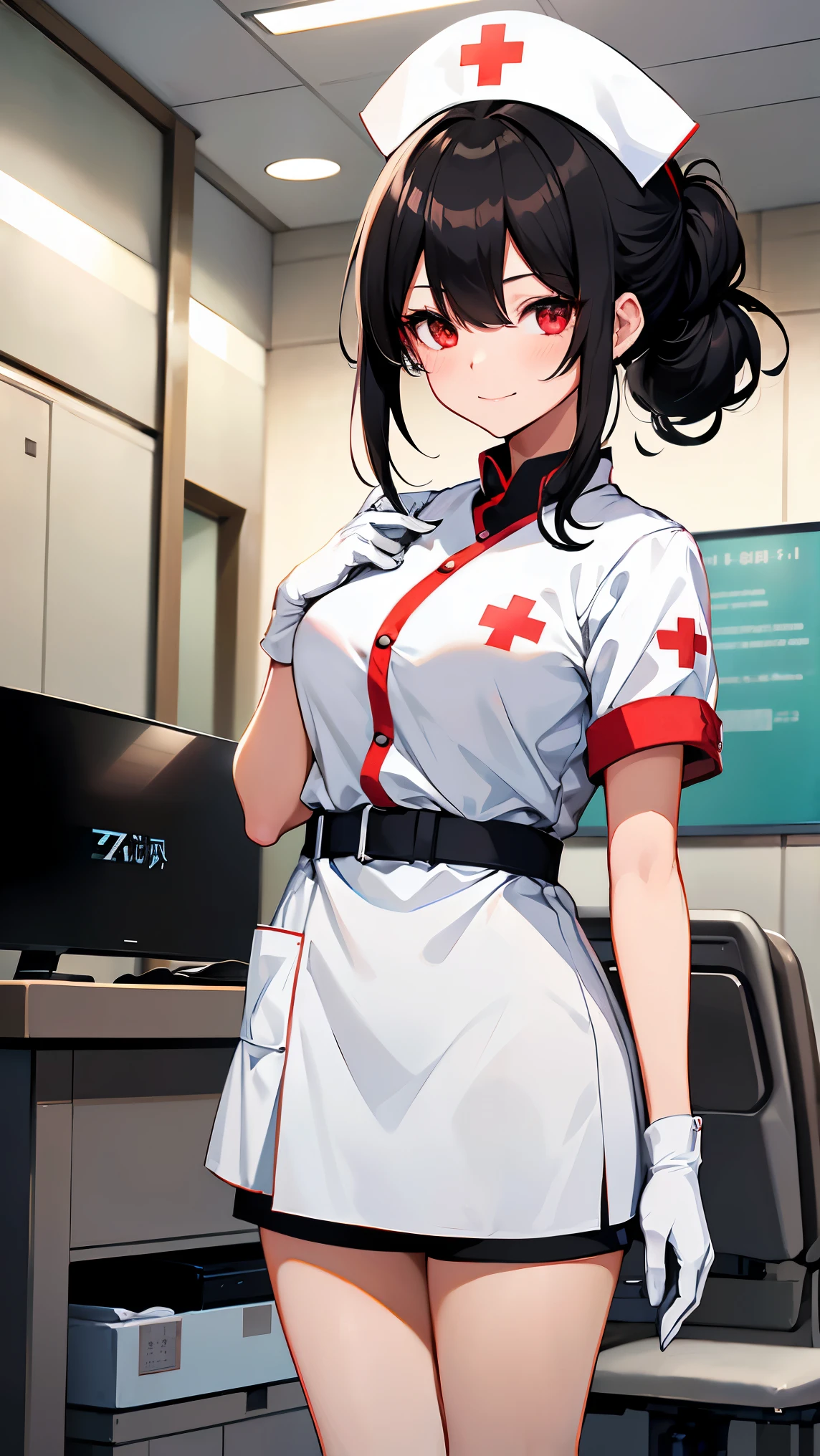 (Girl1,triangale face, black hair, top knot, red eyes), Nurse, wearing white, ((nurse cap,white legs, Zetai Ryuki)), white gloves, standing, evil smile, blush, ((hospital room)), short sleeves,Eyes droop,Sharp outline,super detail,high quality,high details,best quality,1080P