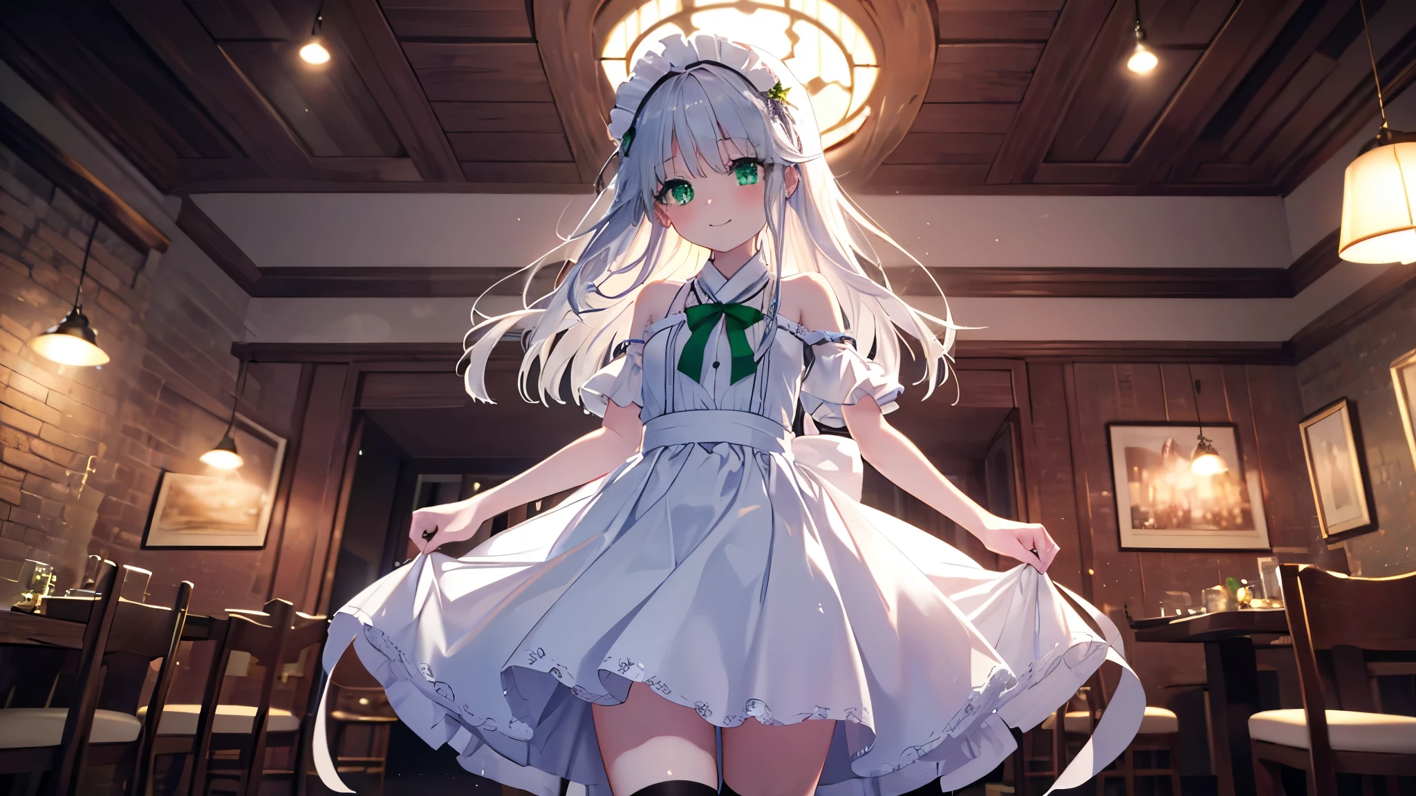 index, index, (green ruby eyes:1.5), silver hair, long hair, (flat chest:1.2),smile,blush,bossy,she was wearing a maid short skirt, white stockings on her legs,Standing in honor, (bare shoulders:1.3),looking up from below, looking at viewer,  whole body, break indoors, restaurant,viking, break (masterpiece:1.2), highest quality, High resolution, unity 8k wallpaper, (figure:0.8), (detailed and beautiful eyes:1.6), highly detailed face, perfect lighting, Very detailed CG, (perfect hands, perfect anatomy), smiling, very short skirt in front